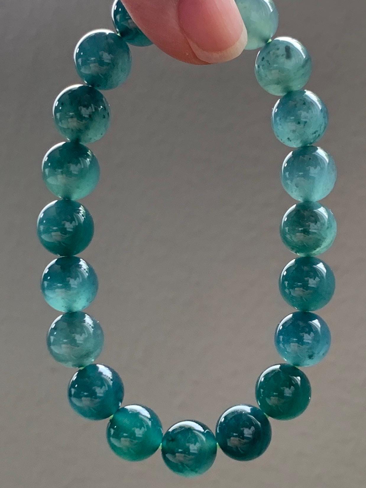 Natural Grade A Guatemalan Icy Translucent Dark Teal Green Jade Jadeite Beaded Bracelet Stretchy 9.9mm 7.5” 34g 天然冰危深蓝绿翡翠圆珠手串 LZW330B