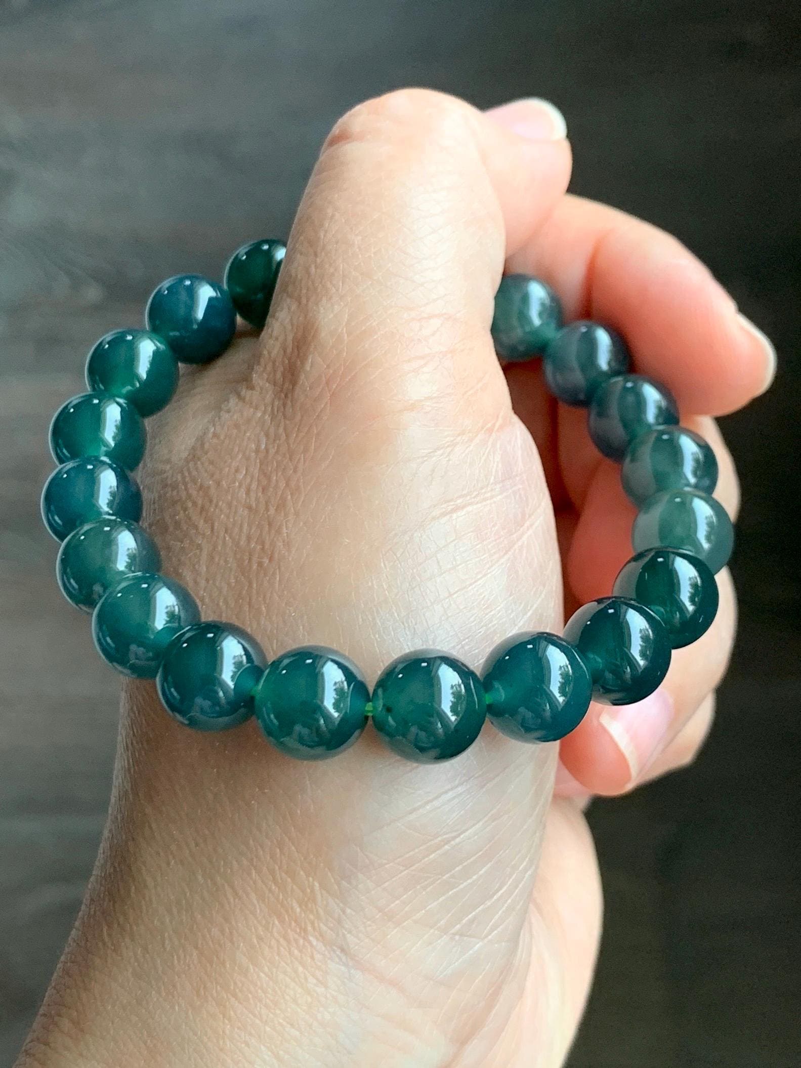 Natural Grade A Guatemalan Icy Translucent Dark Teal Green Jade Jadeite Beaded Bracelet Stretchy 9.9mm 7.5” 34g 天然冰危深蓝绿翡翠圆珠手串 LZW330B