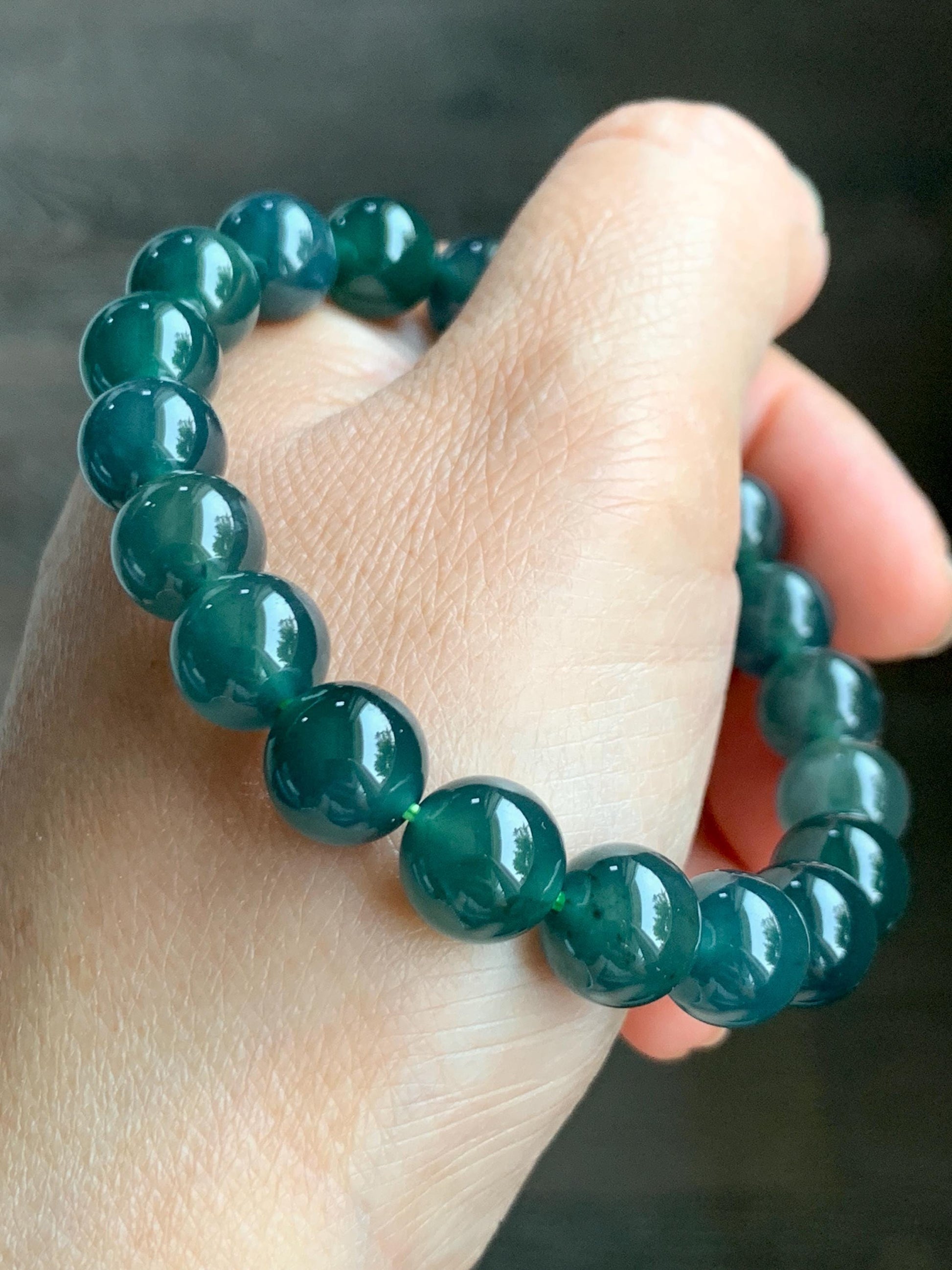 Natural Grade A Guatemalan Icy Translucent Dark Teal Green Jade Jadeite Beaded Bracelet Stretchy 9.9mm 7.5” 34g 天然冰危深蓝绿翡翠圆珠手串 LZW330B