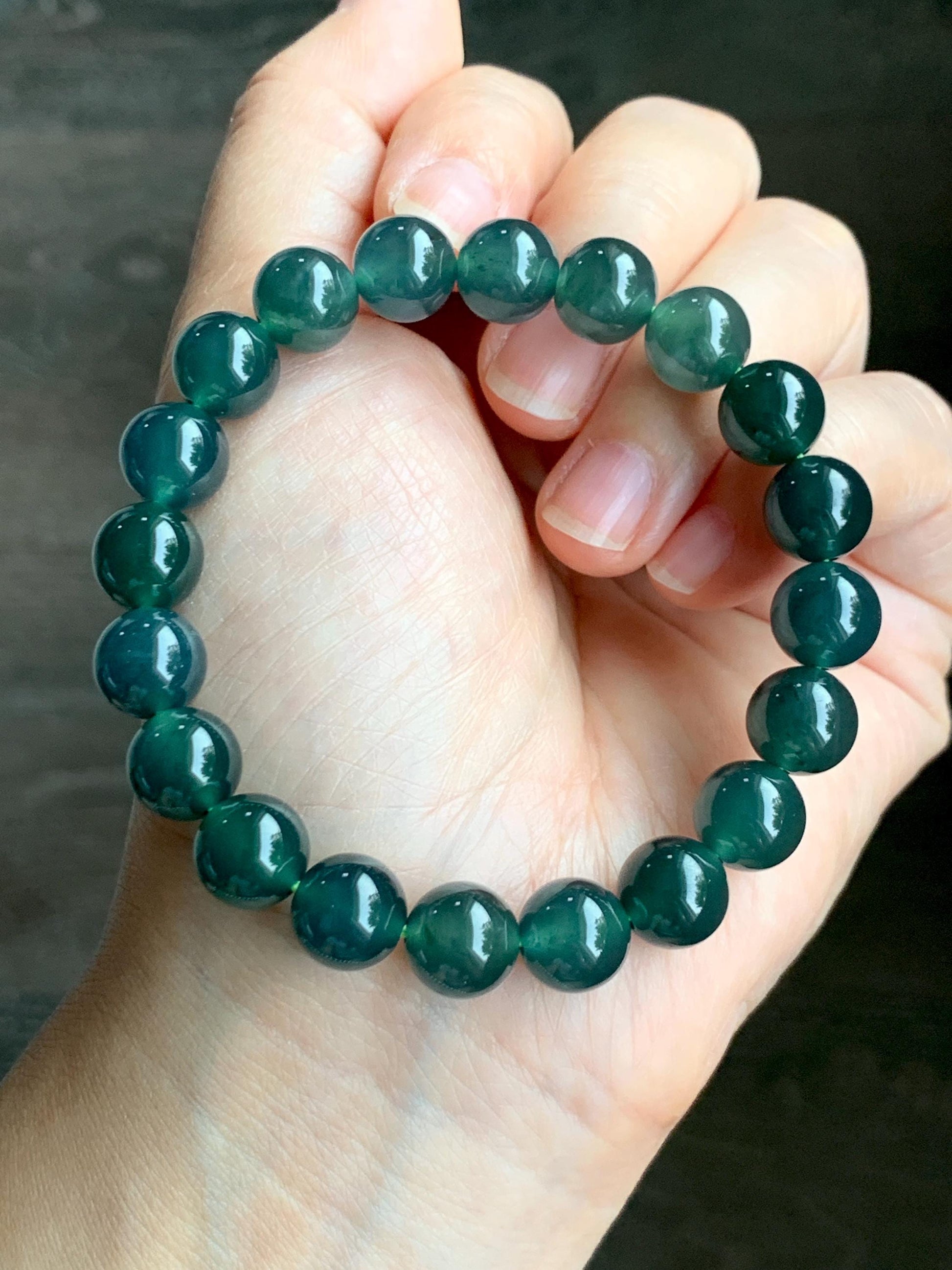 Natural Grade A Guatemalan Icy Translucent Dark Teal Green Jade Jadeite Beaded Bracelet Stretchy 9.9mm 7.5” 34g 天然冰危深蓝绿翡翠圆珠手串 LZW330B