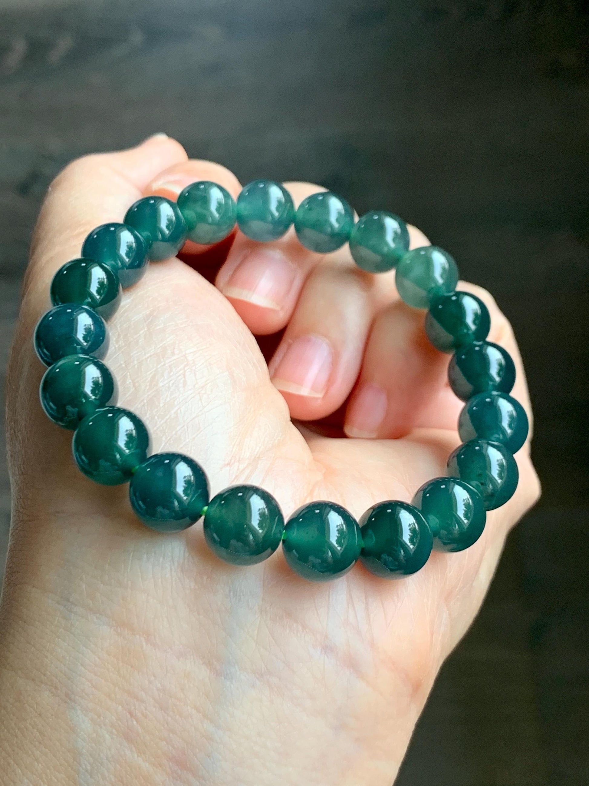 Natural Grade A Guatemalan Icy Translucent Dark Teal Green Jade Jadeite Beaded Bracelet Stretchy 9.9mm 7.5” 34g 天然冰危深蓝绿翡翠圆珠手串 LZW330B