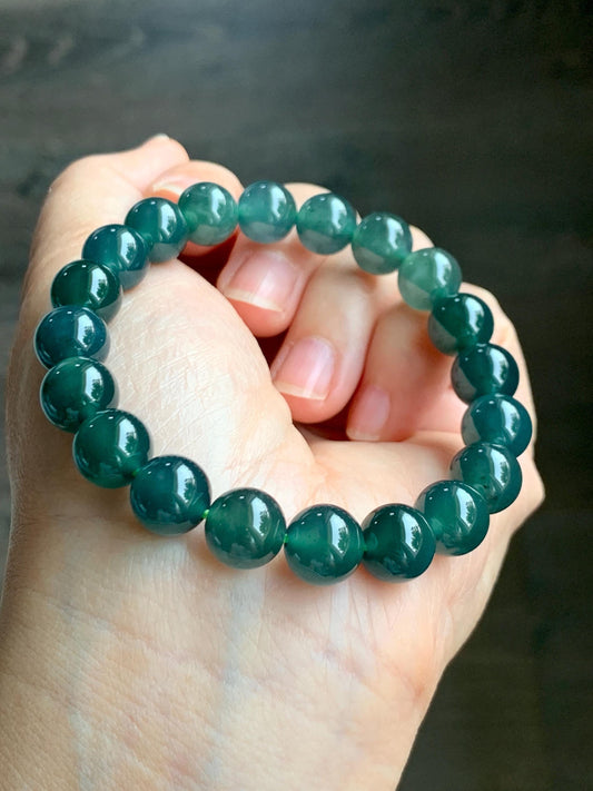 Natural Grade A Guatemalan Icy Translucent Dark Teal Green Jade Jadeite Beaded Bracelet Stretchy 9.9mm 7.5” 34g 天然冰危深蓝绿翡翠圆珠手串 LZW330B