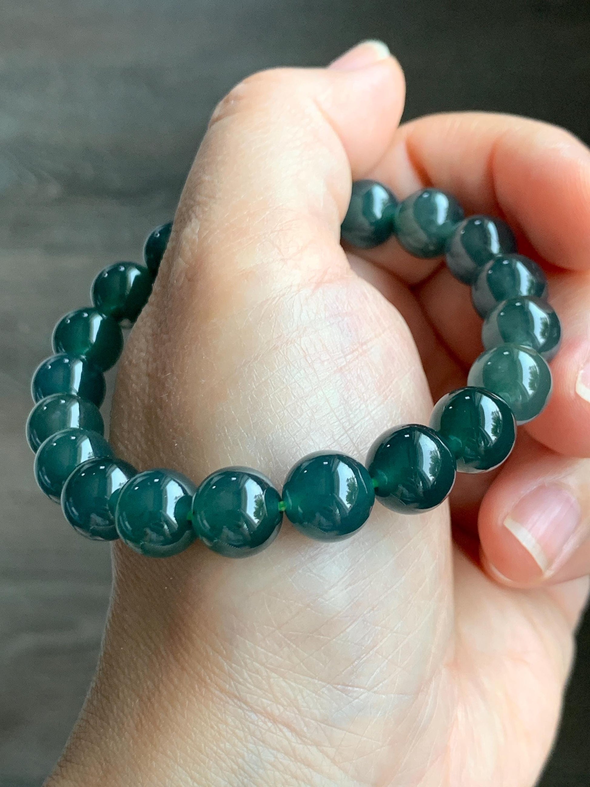 Natural Grade A Guatemalan Icy Translucent Dark Teal Green Jade Jadeite Beaded Bracelet Stretchy 9.9mm 7.5” 34g 天然冰危深蓝绿翡翠圆珠手串 LZW330B