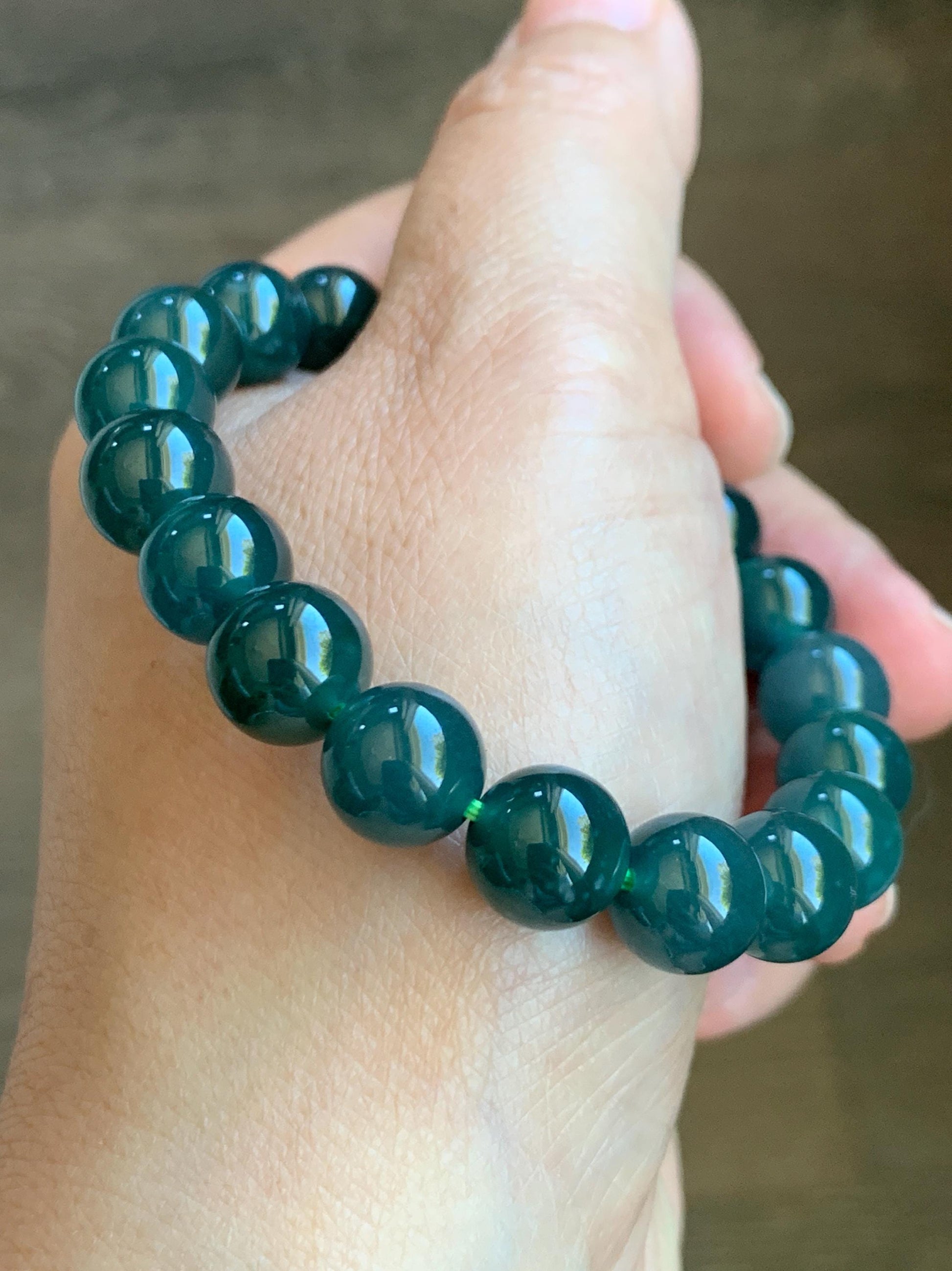 Natural Grade A Guatemalan Icy Translucent Dark Teal Blue Jade Jadeite Beaded Bracelet Stretchy 9.7mm 6.75” 30g 天然冰危深蓝绿翡翠圆珠手串 LWL330S