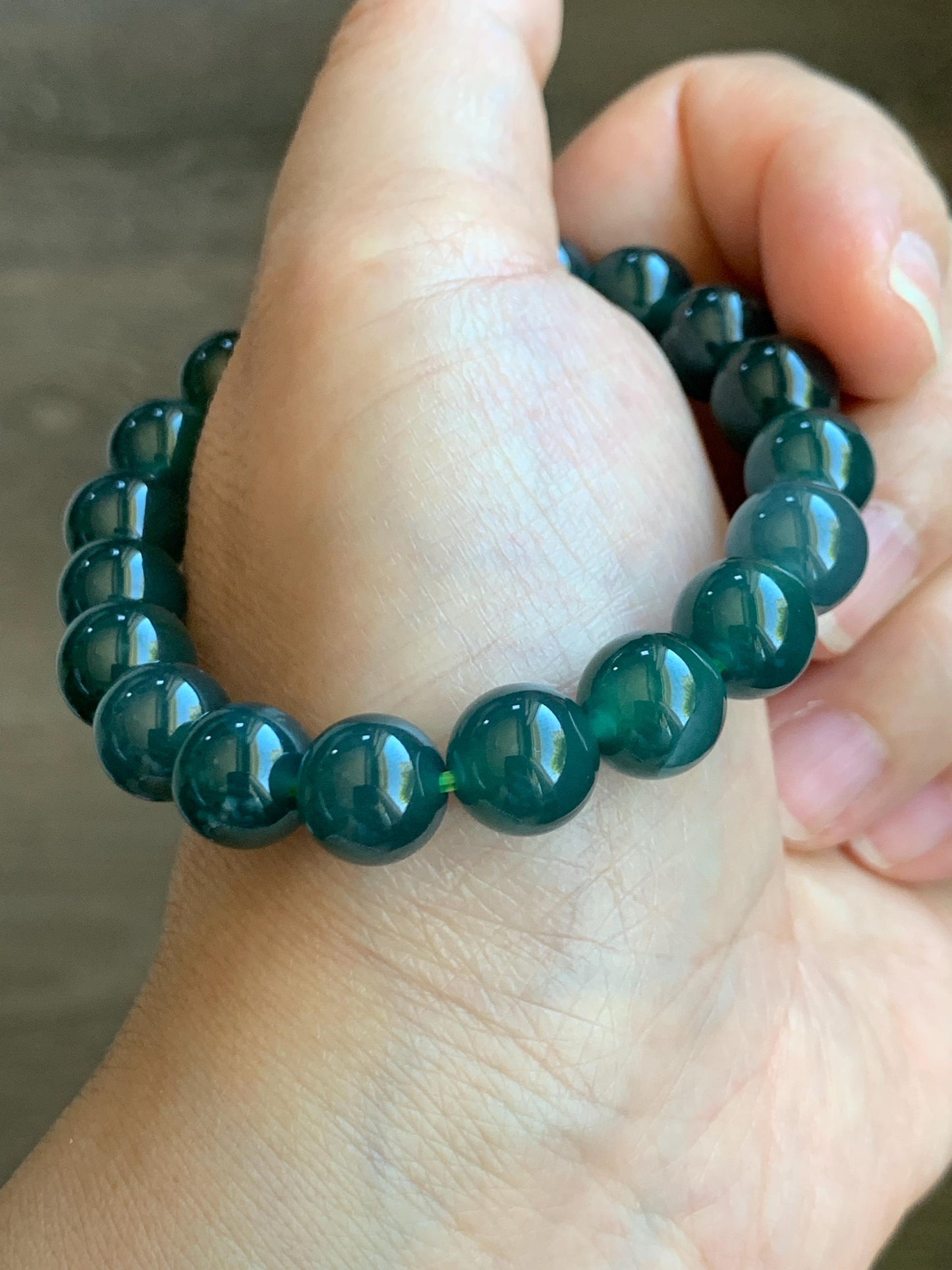 Natural Grade A Guatemalan Icy Translucent Dark Teal Blue Jade Jadeite Beaded Bracelet Stretchy 9.7mm 6.75” 30g 天然冰危深蓝绿翡翠圆珠手串 LWL330S