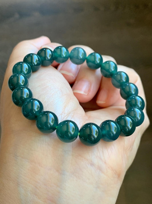 Natural Grade A Guatemalan Icy Translucent Dark Teal Blue Jade Jadeite Beaded Bracelet Stretchy 9.7mm 6.75” 30g 天然冰危深蓝绿翡翠圆珠手串 LWL330S