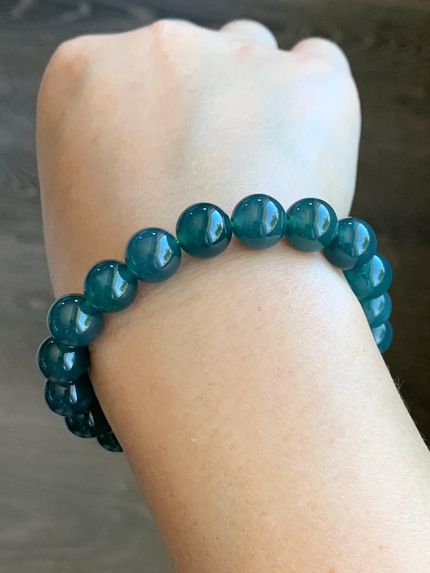 Natural Grade A Guatemalan Icy Translucent Dark Teal Blue Jade Jadeite Beaded Bracelet Stretchy 9.7mm 7.25” 34g 天然冰危深蓝绿翡翠圆珠手串 LWL330C
