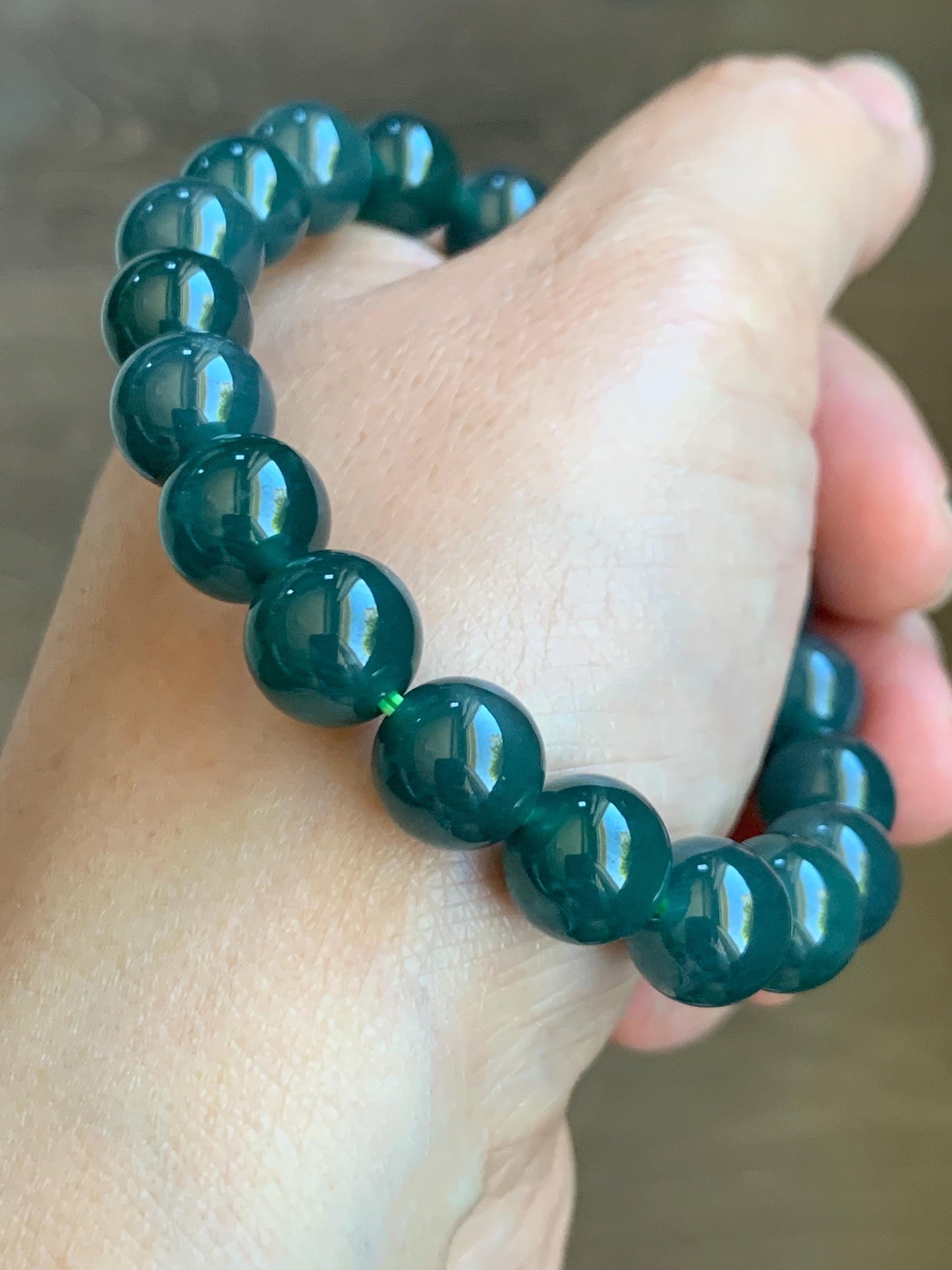 Natural Grade A Guatemalan Icy Translucent Dark Teal Blue Jade Jadeite Beaded Bracelet Stretchy 9.7mm 7.25” 34g 天然冰危深蓝绿翡翠圆珠手串 LWL330C