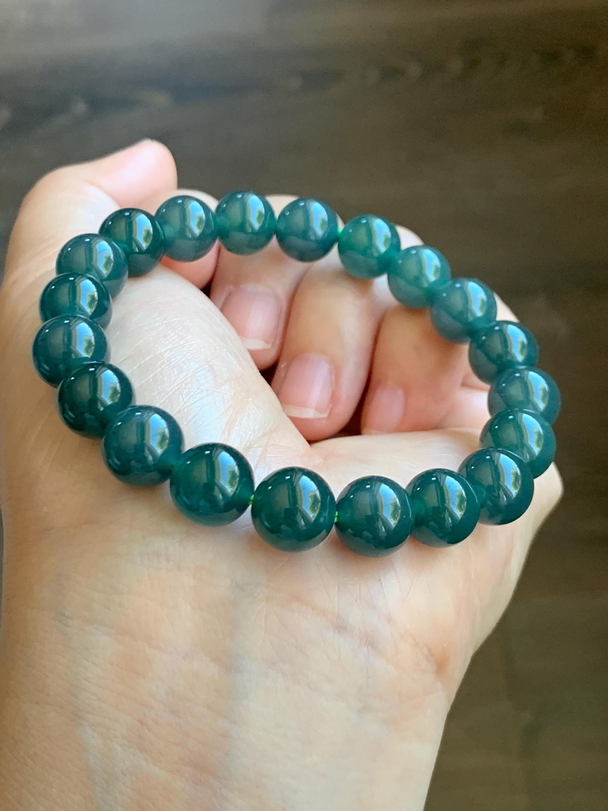 Natural Grade A Guatemalan Icy Translucent Dark Teal Blue Jade Jadeite Beaded Bracelet Stretchy 9.7mm 7.25” 34g 天然冰危深蓝绿翡翠圆珠手串 LWL330C