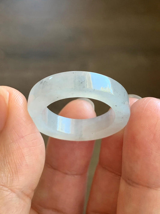 Natural Grade A Icy Translucent Gelatinous Light Wuji Marbled Jade Jadeite Square Edged Band Ring Size 10.25 US 6g 天然冰胶淡乌鸡翡翠方条戒圈 MWJ-C