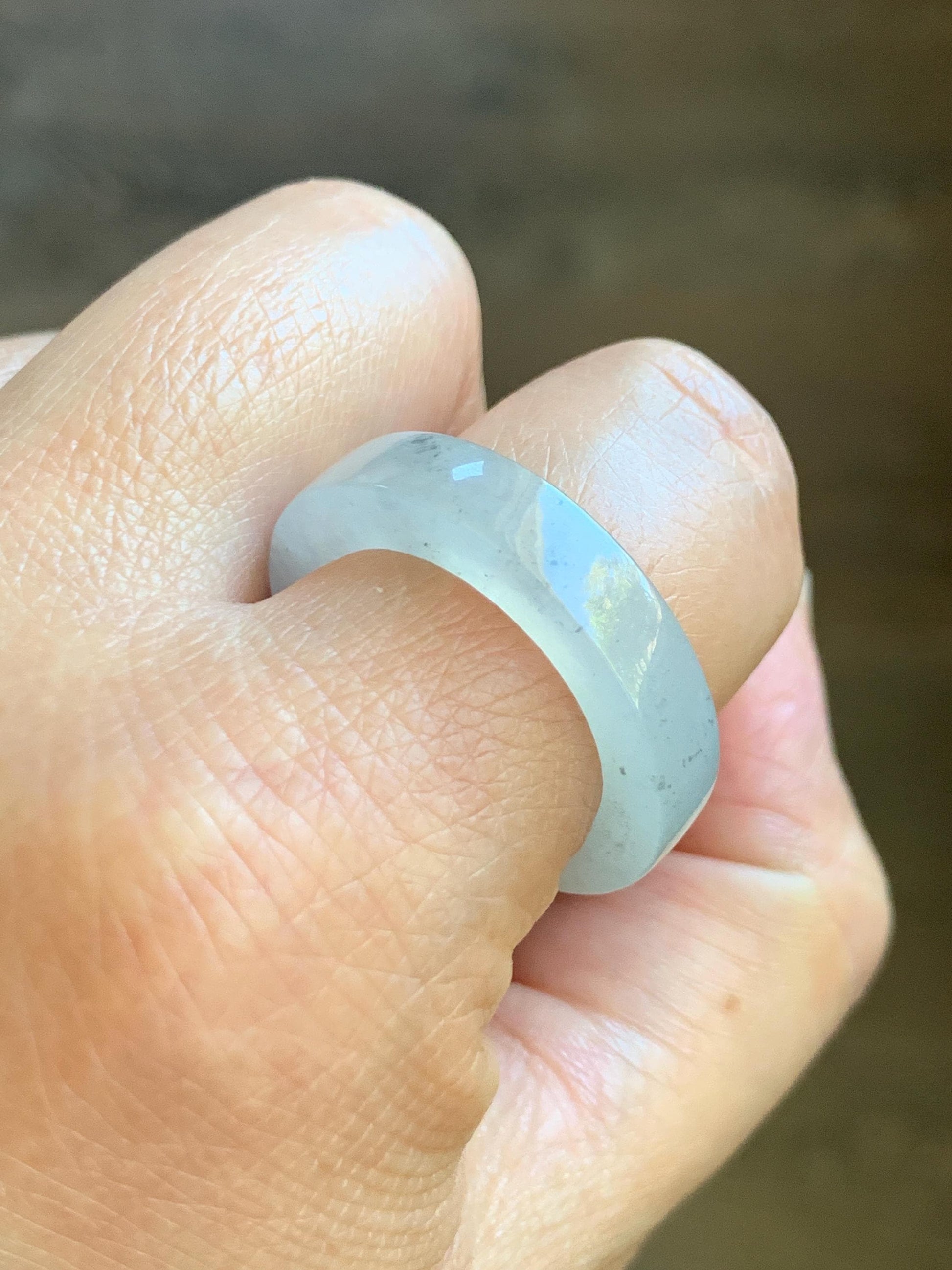 Natural Grade A Icy Translucent Gelatinous Light Wuji Marbled Jade Jadeite Square Edged Band Ring Size 10.25 US 6g 天然冰胶淡乌鸡翡翠方条戒圈 MWJ-C
