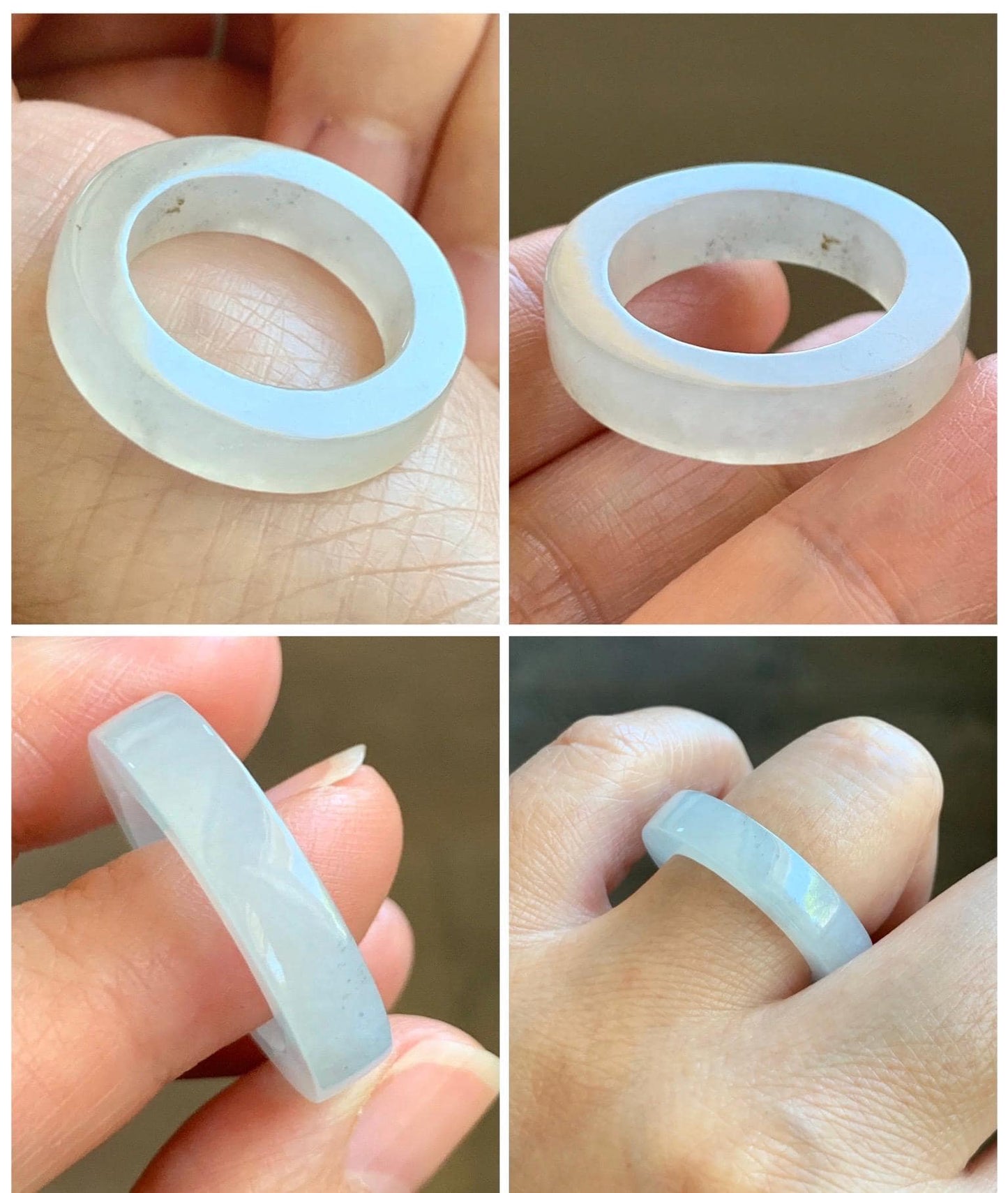 Natural Grade A Icy Translucent Gelatinous Light Wuji Marbled Jade Jadeite Square Edged Band Ring Size 9 US 6g 天然冰胶淡乌鸡翡翠方条戒圈 MWJ-B
