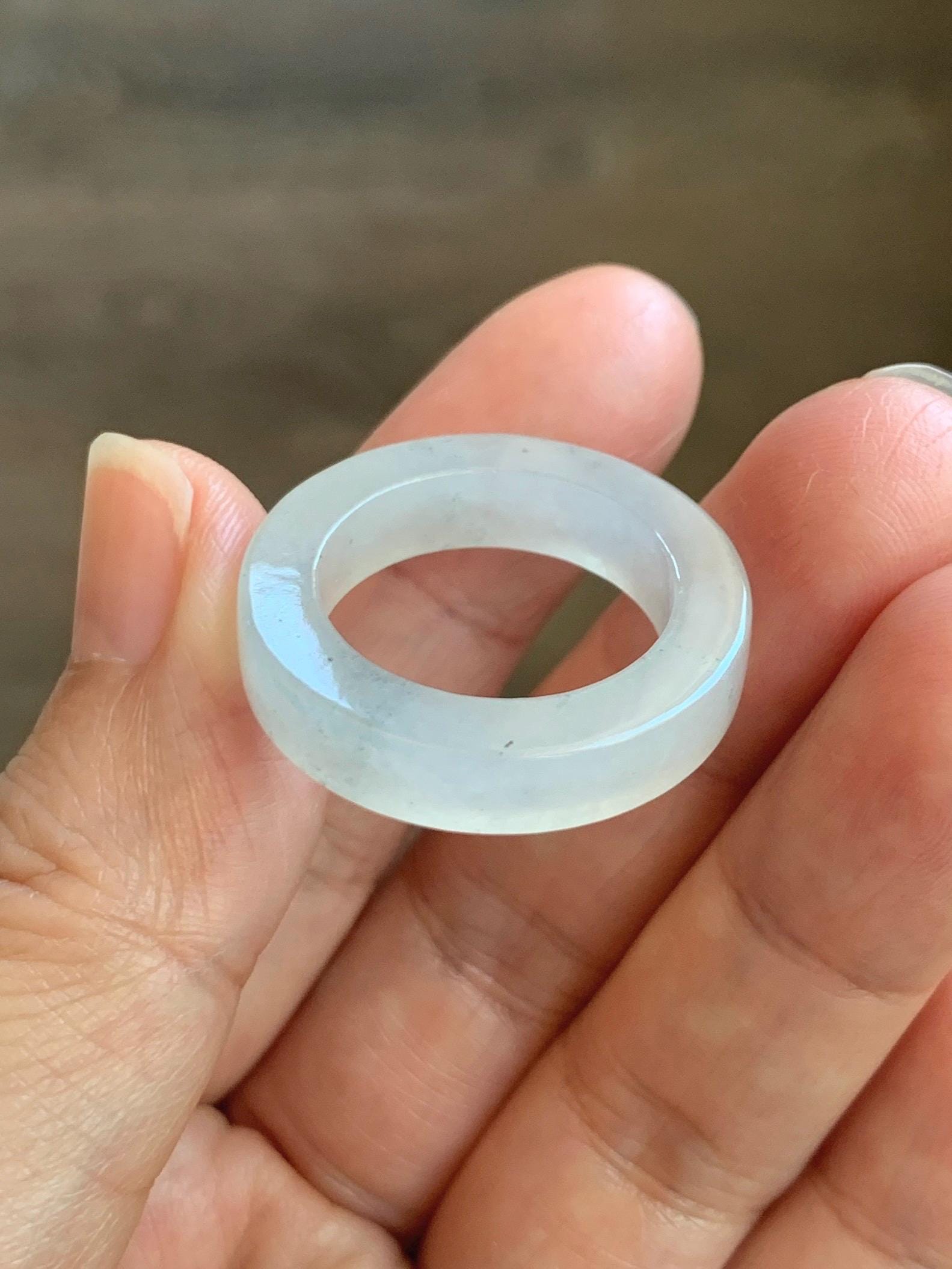 Natural Grade A Icy Translucent Gelatinous Light Wuji Marbled Jade Jadeite Square Edged Band Ring Size 9 US 6g 天然冰胶淡乌鸡翡翠方条戒圈 MWJ-B