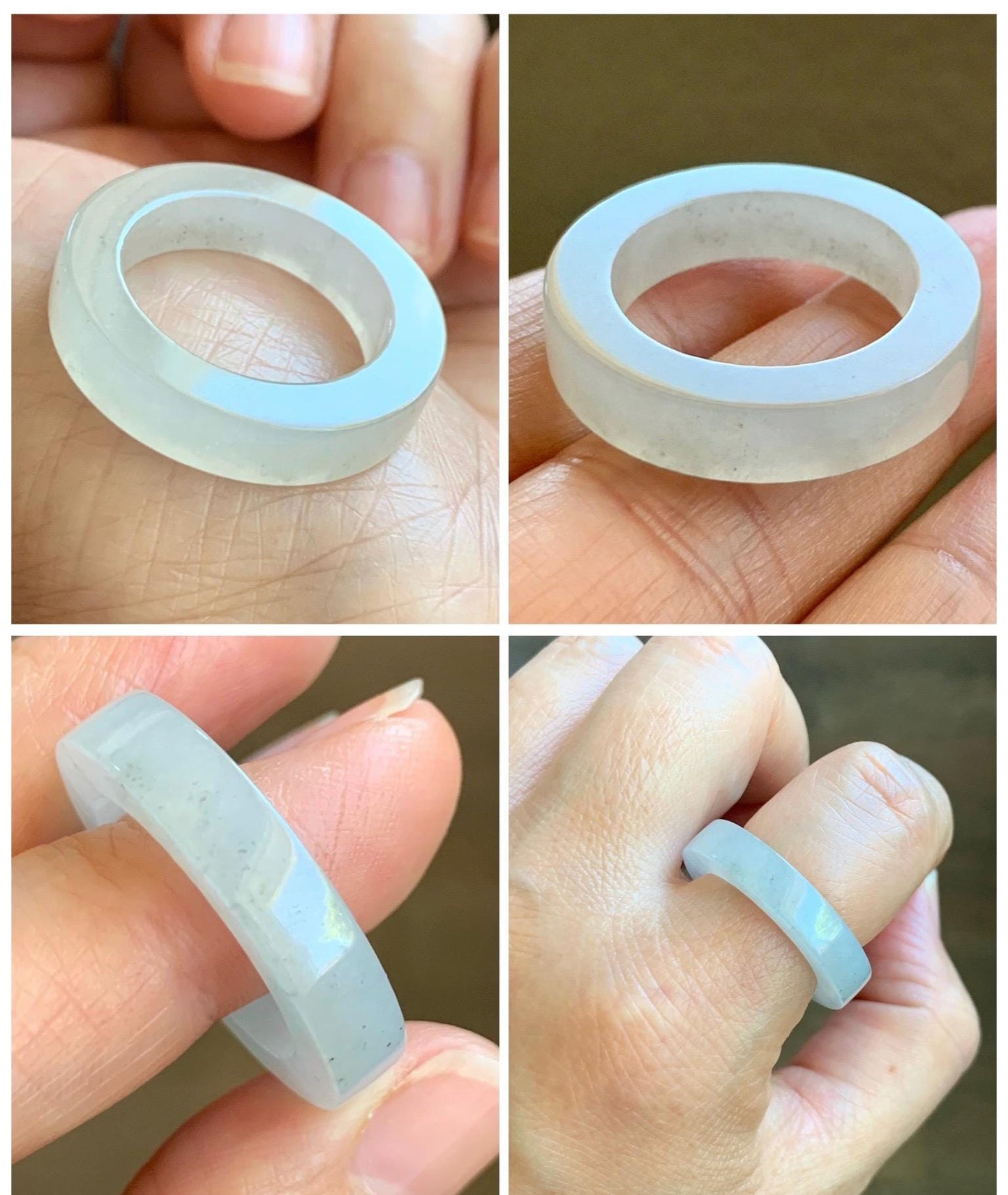 Natural Grade A Icy Translucent Gelatinous Light Wuji Marbled Jade Jadeite Square Edged Band Ring Size 9.5 US 6g 天然冰胶淡乌鸡翡翠方条戒圈 MWJ-A
