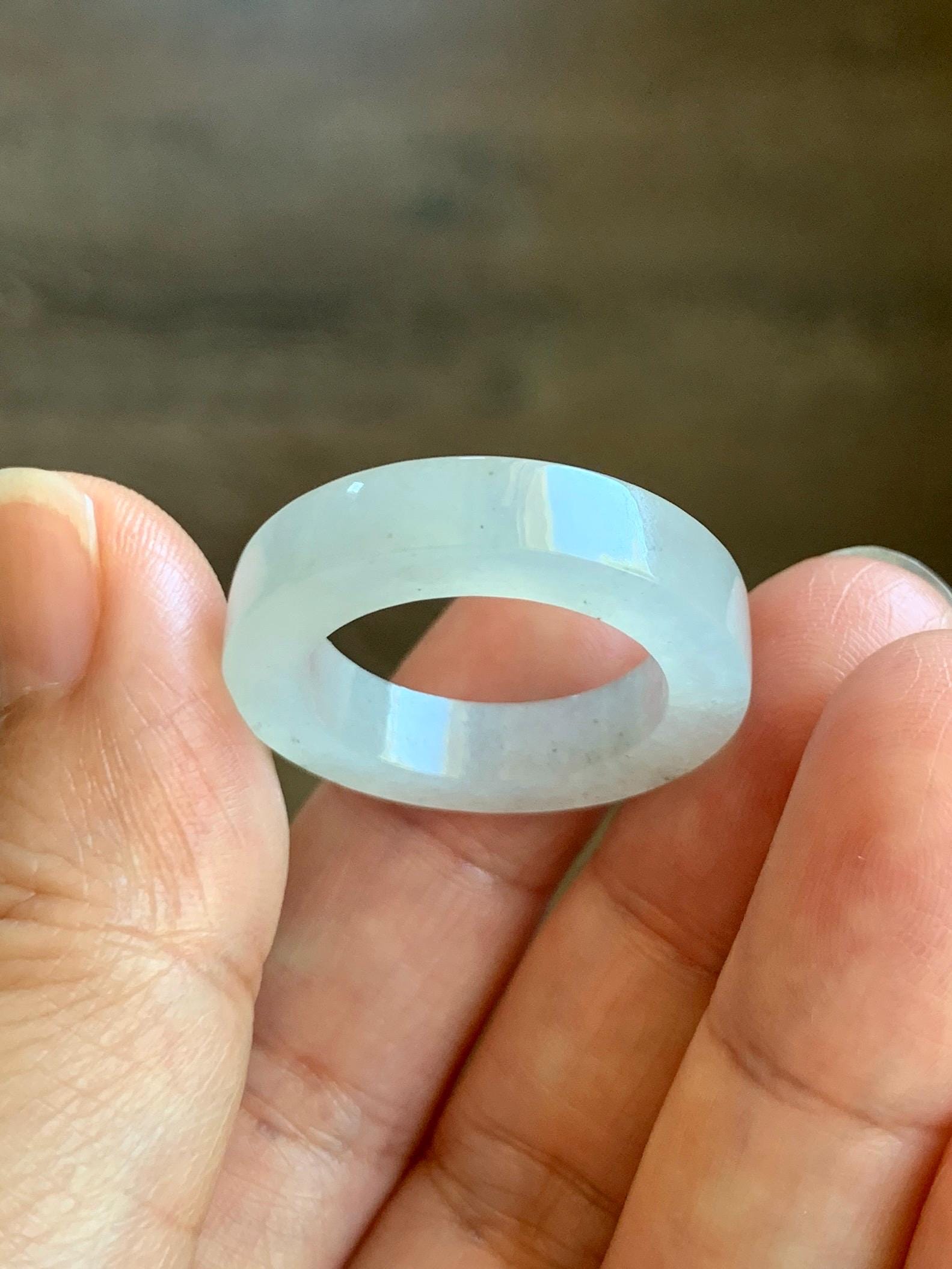 Natural Grade A Icy Translucent Gelatinous Light Wuji Marbled Jade Jadeite Square Edged Band Ring Size 9.5 US 6g 天然冰胶淡乌鸡翡翠方条戒圈 MWJ-A