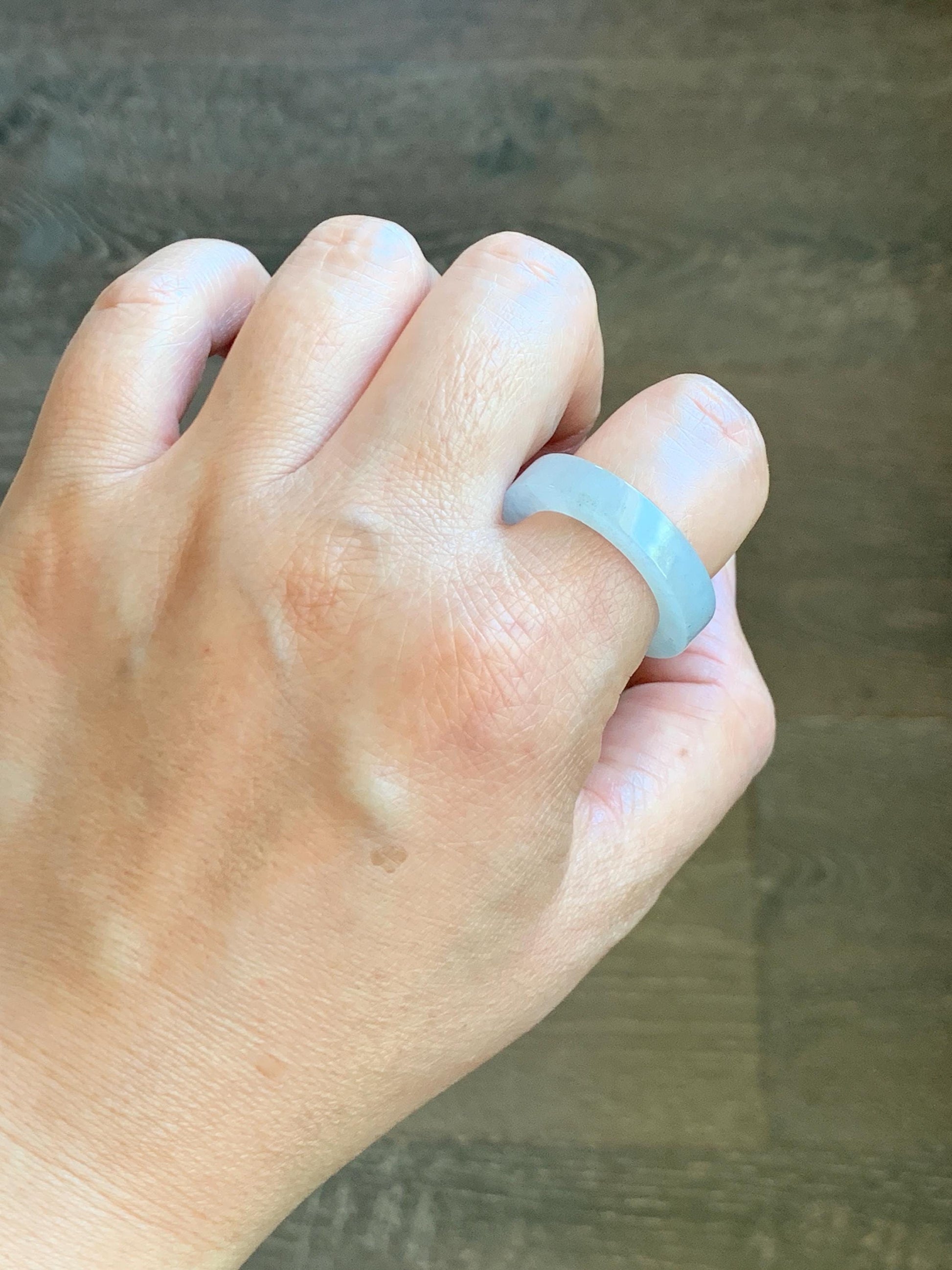 Natural Grade A Icy Translucent Gelatinous Light Wuji Marbled Jade Jadeite Square Edged Band Ring Size 9.5 US 6g 天然冰胶淡乌鸡翡翠方条戒圈 MWJ-A