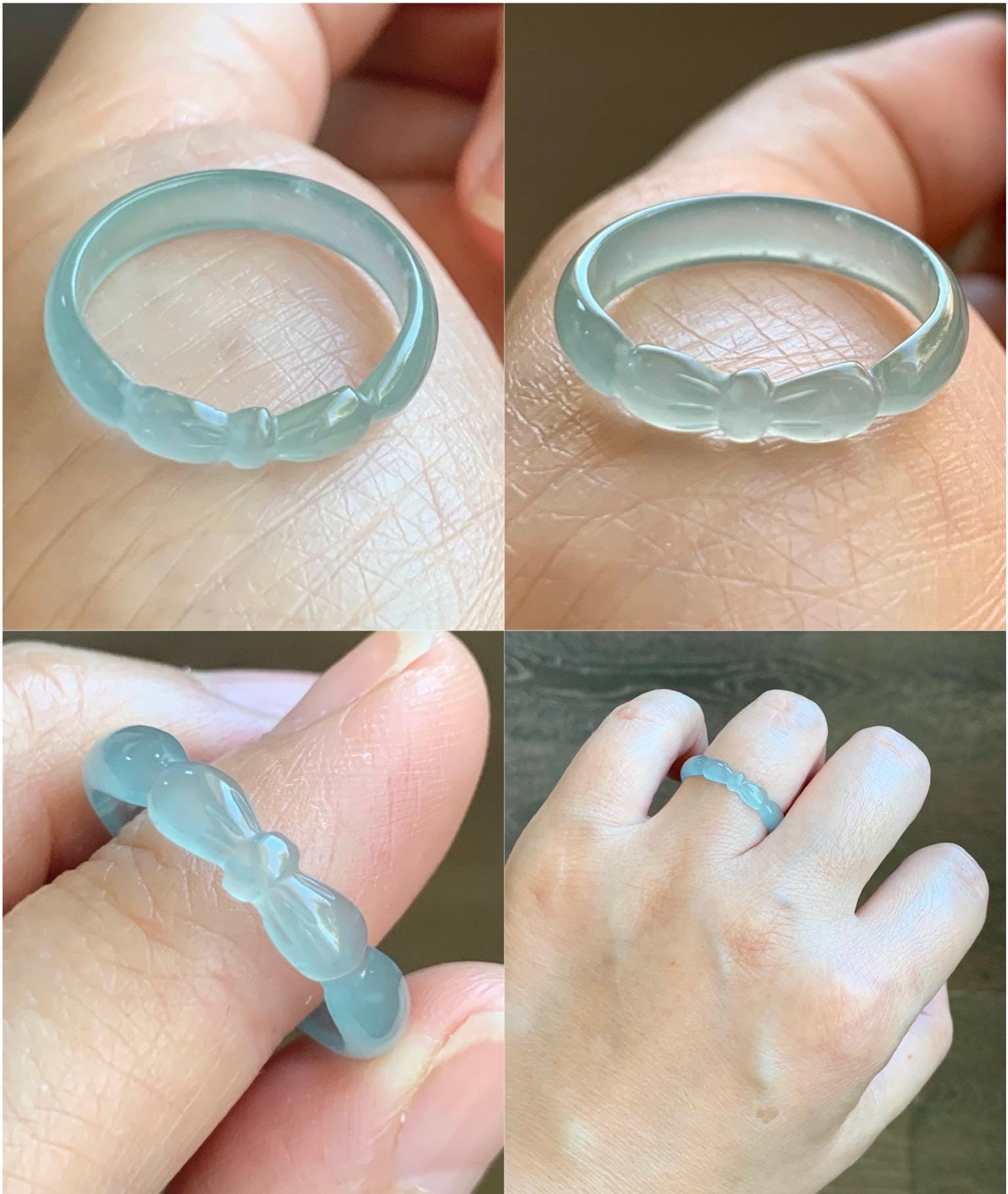 Natural Grade A Guatemalan Icy Highly Translucent Pastel Teal Jade Jadeite Carved Bow Band Ring Size 8.75 US 天然冰危起光浅蓝翡翠蝴蝶结戒圈 WHD55C