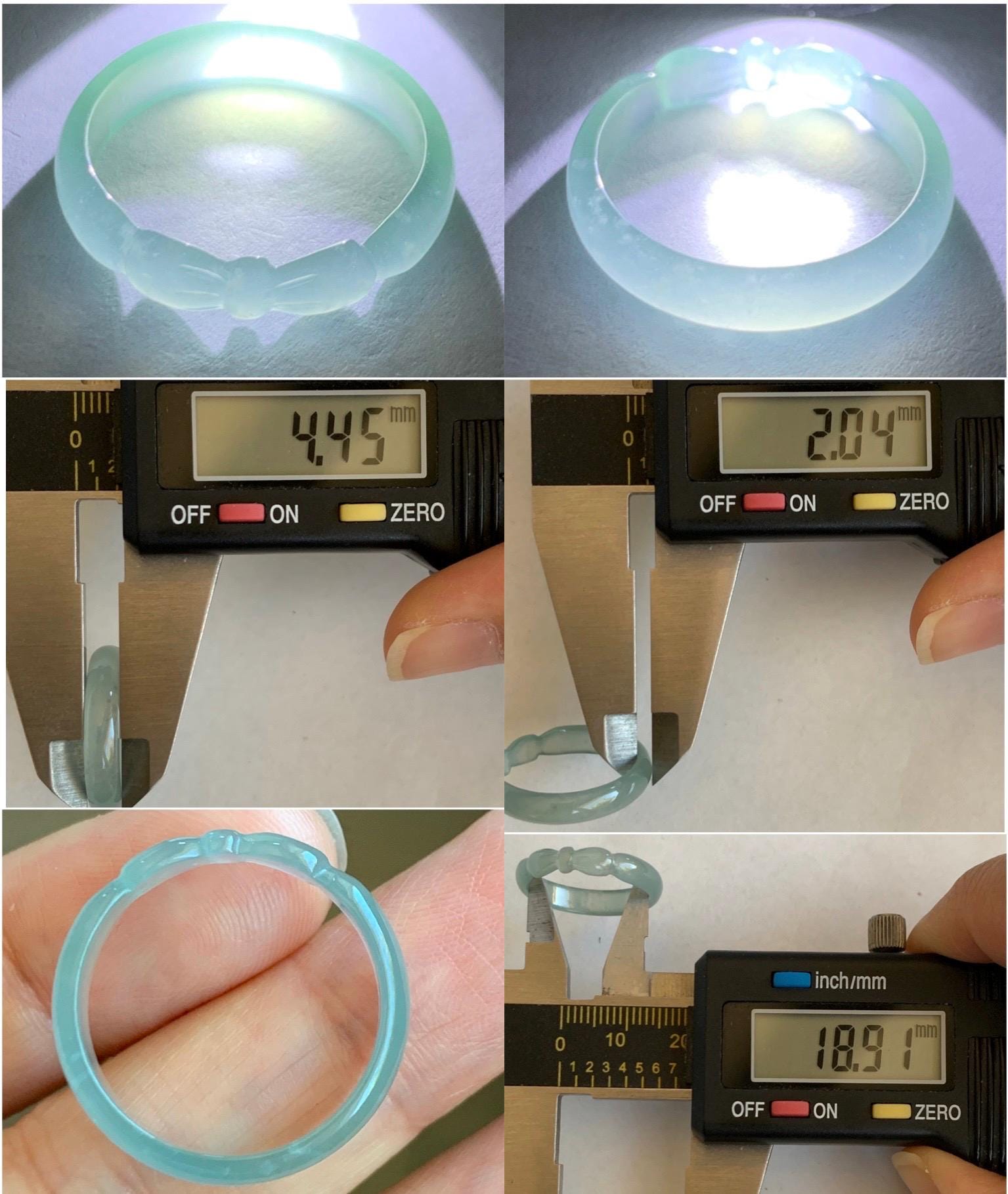 Natural Grade A Guatemalan Icy Highly Translucent Pastel Teal Jade Jadeite Carved Bow Band Ring Size 8.75 US 天然冰危起光浅蓝翡翠蝴蝶结戒圈 WHD55C