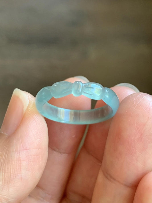 Natural Grade A Guatemalan Icy Highly Translucent Pastel Teal Jade Jadeite Carved Bow Band Ring Size 8.75 US 天然冰危起光浅蓝翡翠蝴蝶结戒圈 WHD55C