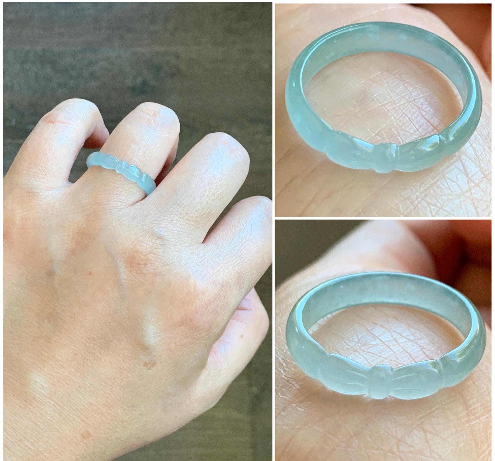 Natural Grade A Guatemalan Icy Highly Translucent Pastel Teal Jade Jadeite Carved Bow Band Ring Size 9.25 US 天然冰危起光浅蓝翡翠蝴蝶结戒圈 WHD55D