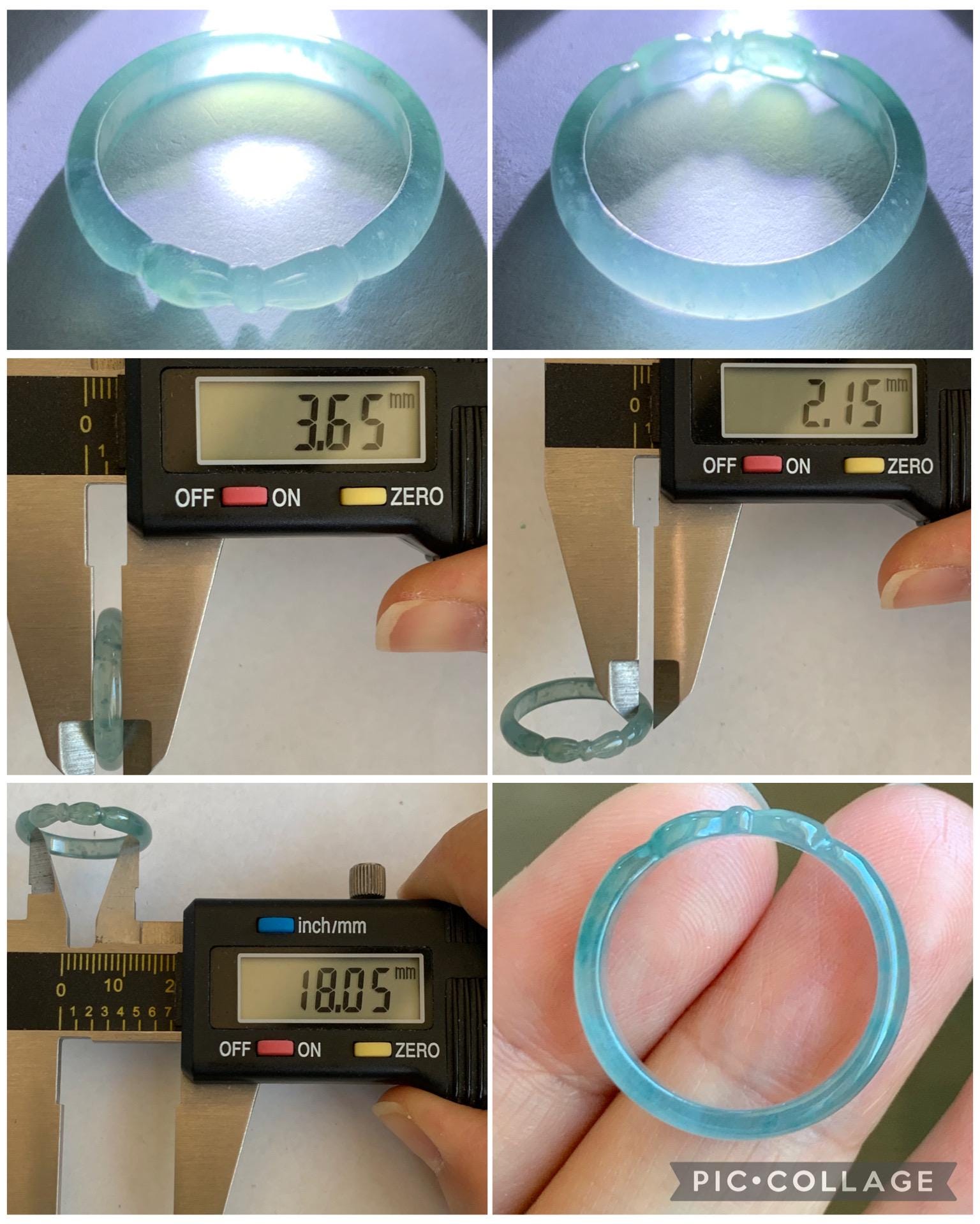 Natural Grade A Guatemalan Icy Highly Translucent Teal Blue Jade Jadeite Carved Bow Band Ring Size 7.75 US 天然冰危起光蓝绿翡翠蝴蝶结戒圈 WHD55E