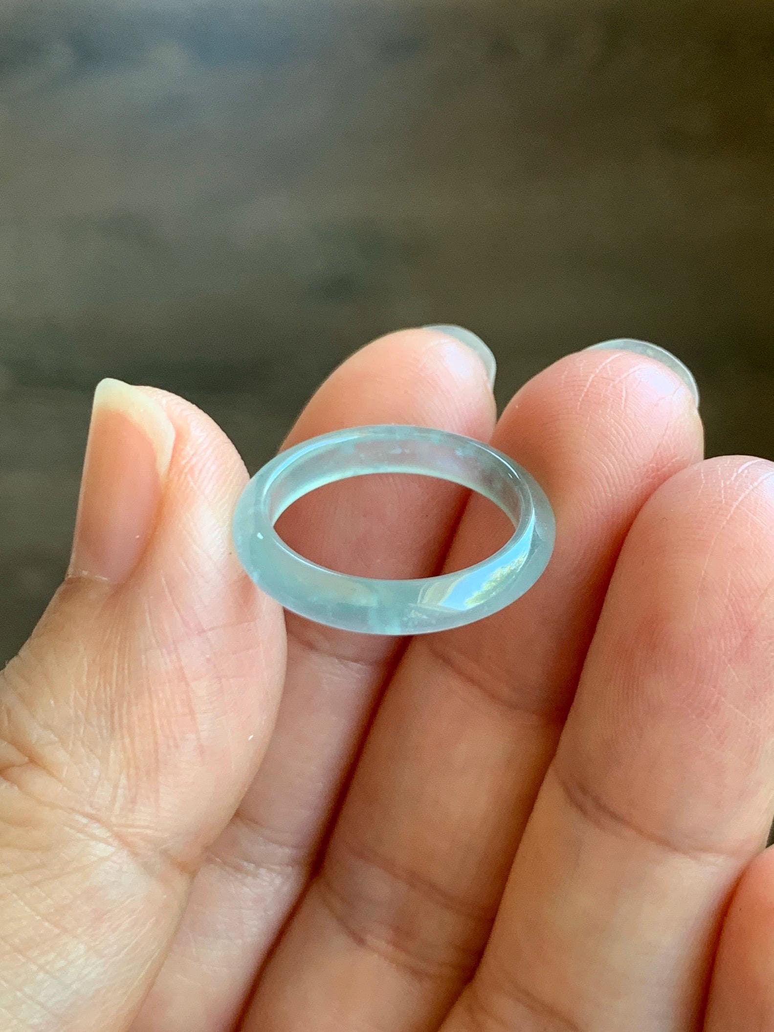 Natural Grade A Guatemalan Icy Highly Translucent Pastel Teal Jade Jadeite Band Ring Size 5.25 US 天然冰危起光浅蓝翡翠戒圈 WBP55A