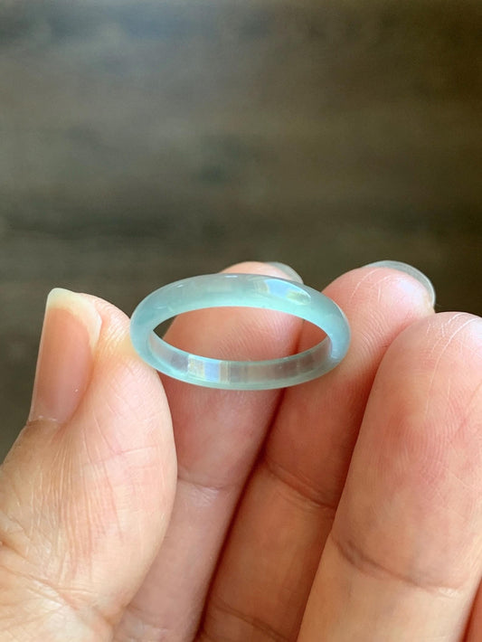 Natural Grade A Guatemalan Icy Highly Translucent Pastel Teal Jade Jadeite Band Ring Size 6.5 US 天然冰危起光浅蓝翡翠戒圈 WBP55B