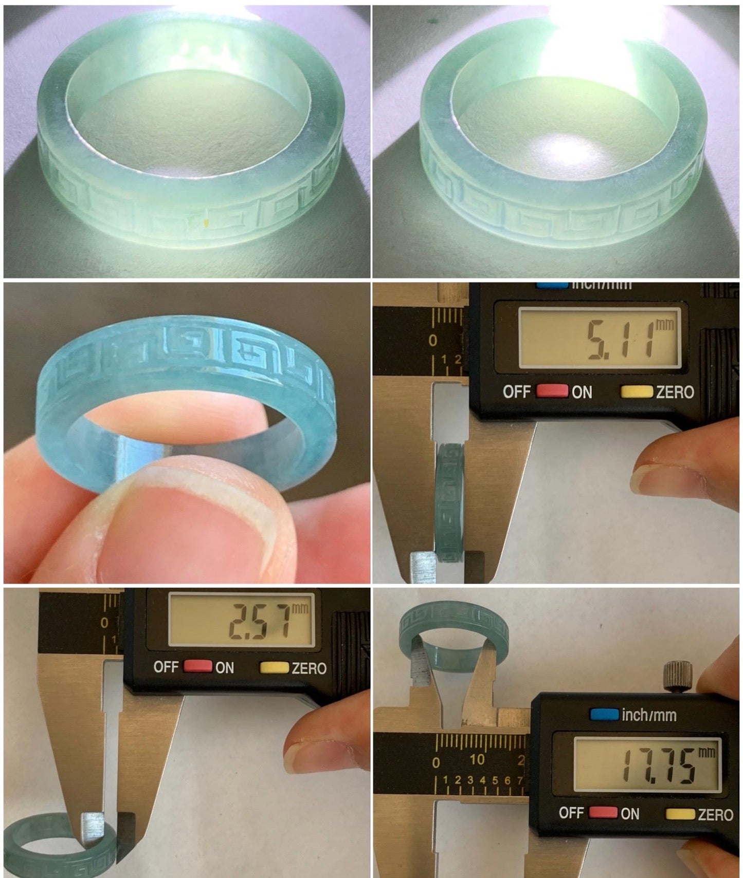 Natural Grade A Guatemalan Icy Translucent Gelatinous Dusty Blue Jade Jadeite Engraved Band Ring Size 7.25 US 天然冰胶危蓝翡翠仿古雕戒圈 HWJ66