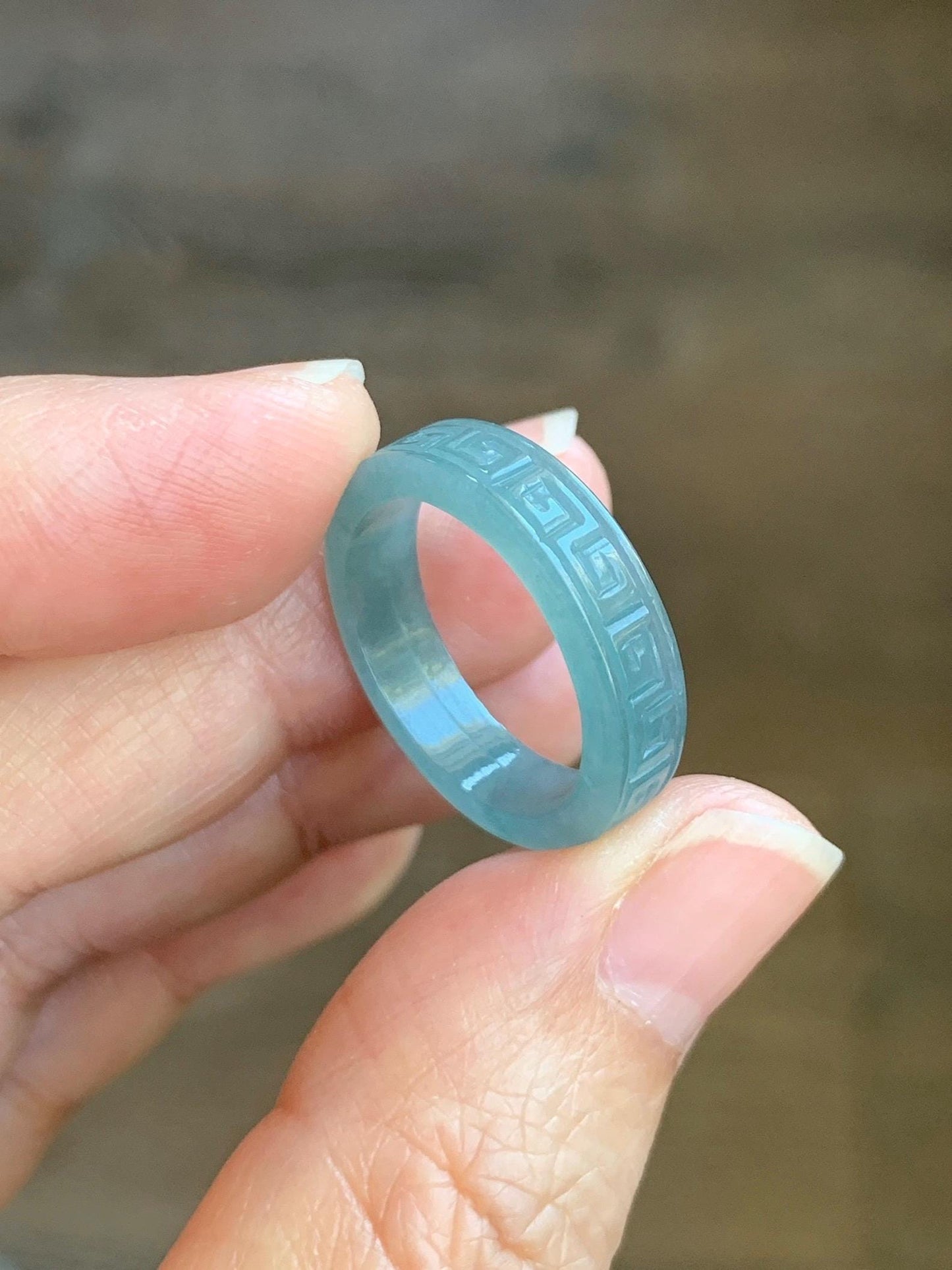 Natural Grade A Guatemalan Icy Translucent Gelatinous Dusty Blue Jade Jadeite Engraved Band Ring Size 7.25 US 天然冰胶危蓝翡翠仿古雕戒圈 HWJ66