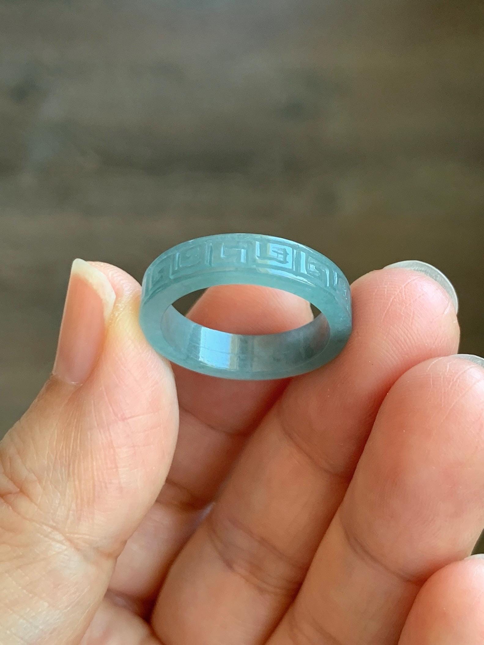 Natural Grade A Guatemalan Icy Translucent Gelatinous Dusty Blue Jade Jadeite Engraved Band Ring Size 7.25 US 天然冰胶危蓝翡翠仿古雕戒圈 HWJ66