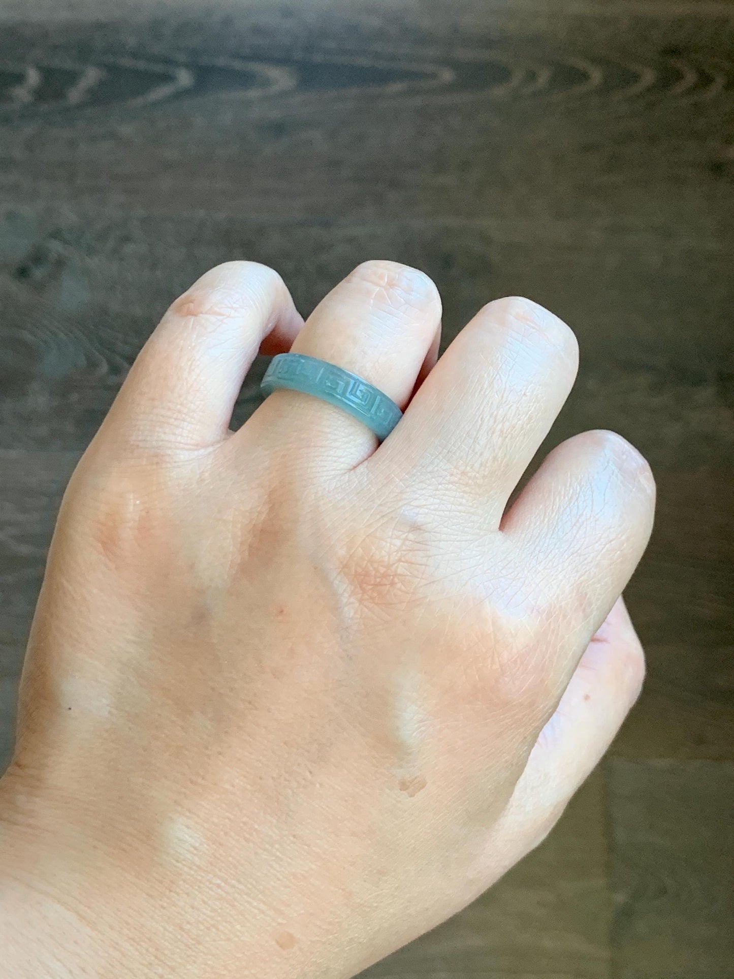 Natural Grade A Guatemalan Icy Translucent Gelatinous Dusty Blue Jade Jadeite Engraved Band Ring Size 7.25 US 天然冰胶危蓝翡翠仿古雕戒圈 HWJ66