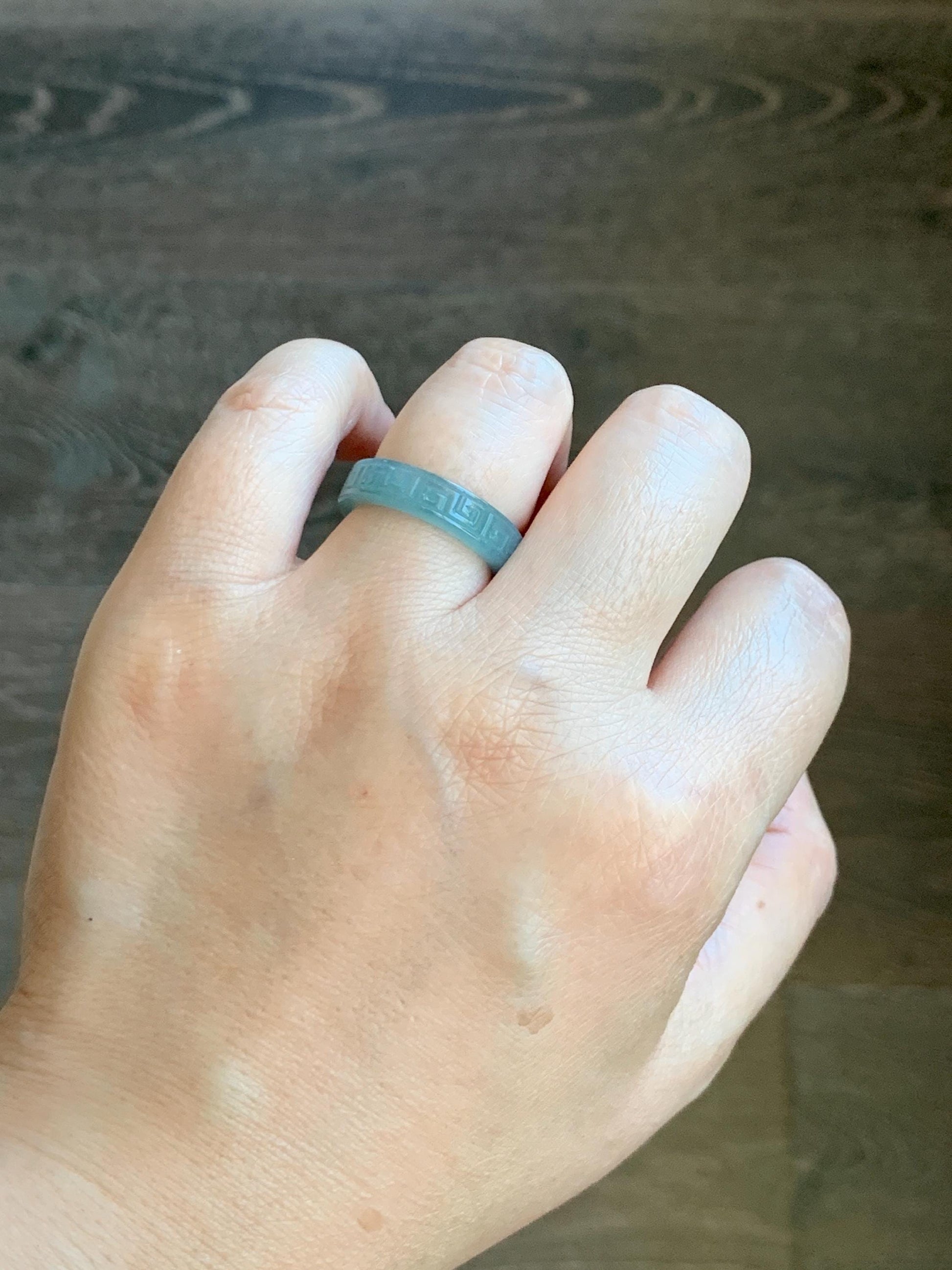 Natural Grade A Guatemalan Icy Translucent Gelatinous Dusty Blue Jade Jadeite Engraved Band Ring Size 7.25 US 天然冰胶危蓝翡翠仿古雕戒圈 HWJ66