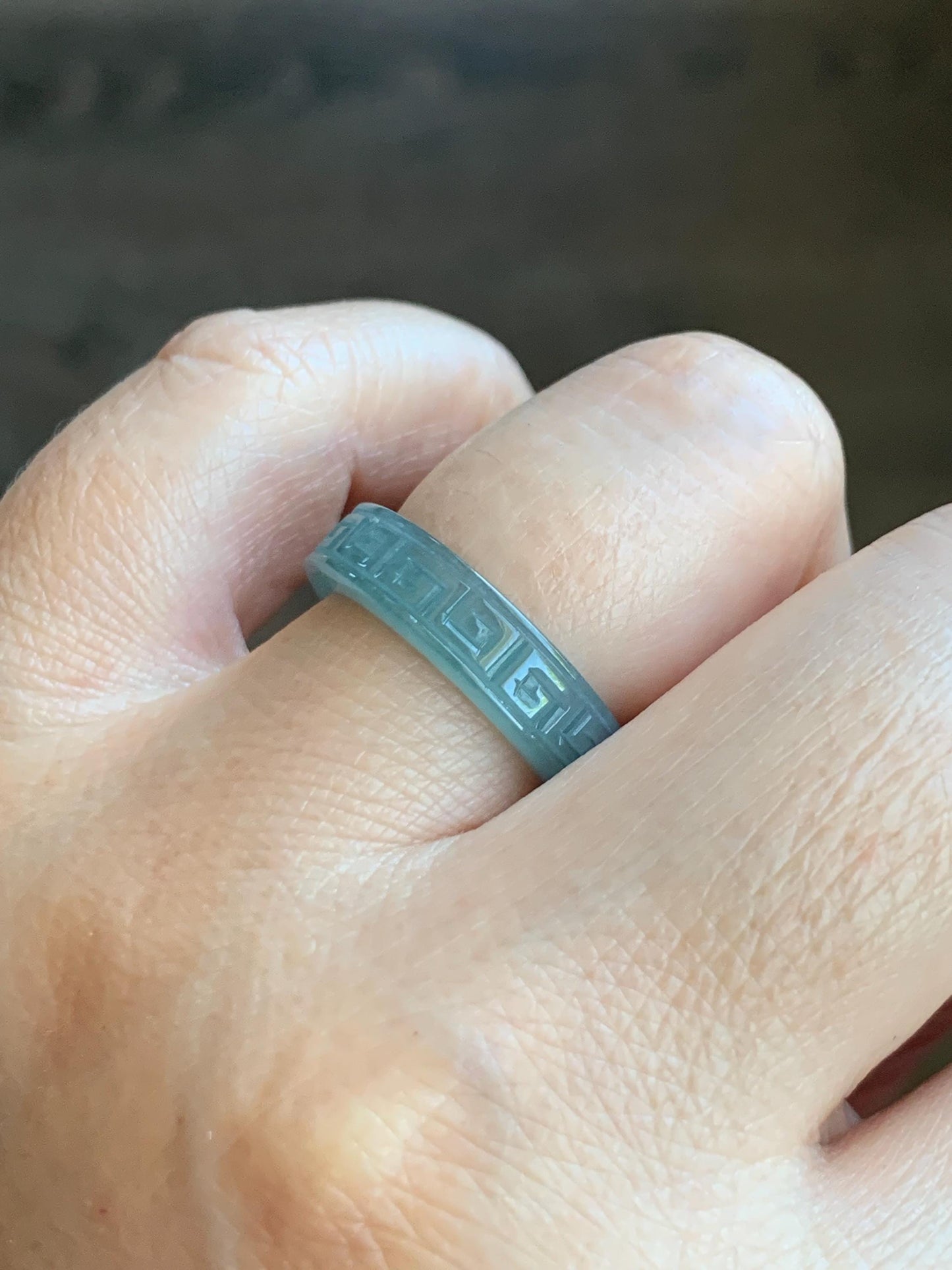 Natural Grade A Guatemalan Icy Translucent Gelatinous Dusty Blue Jade Jadeite Engraved Band Ring Size 7.25 US 天然冰胶危蓝翡翠仿古雕戒圈 HWJ66