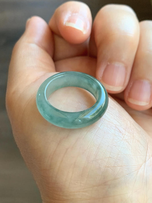 Certified Natural Grade A Icy Translucent Gelatinous Old Mine Green Marbled Jade Jadeite Band Ring Size 7.75 US 4.28g 天然冰胶浅绿飘花翡翠戒圈 8730