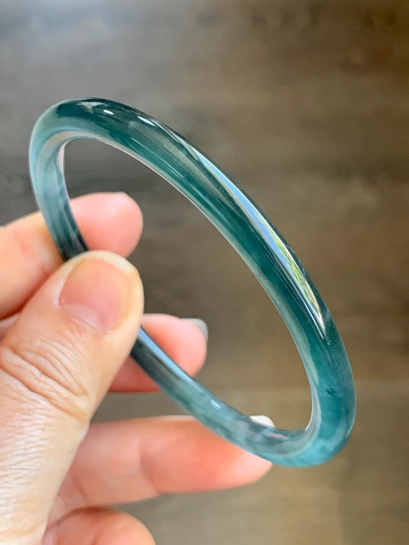 Certified Natural Grade A Guatemalan Icy Highly Translucent Dark Teal Blue Marbled Jade Jadeite Bangle 58.38mm 7.2” 天然冰胶危深蓝飘花翡翠细圆条手镯 8787