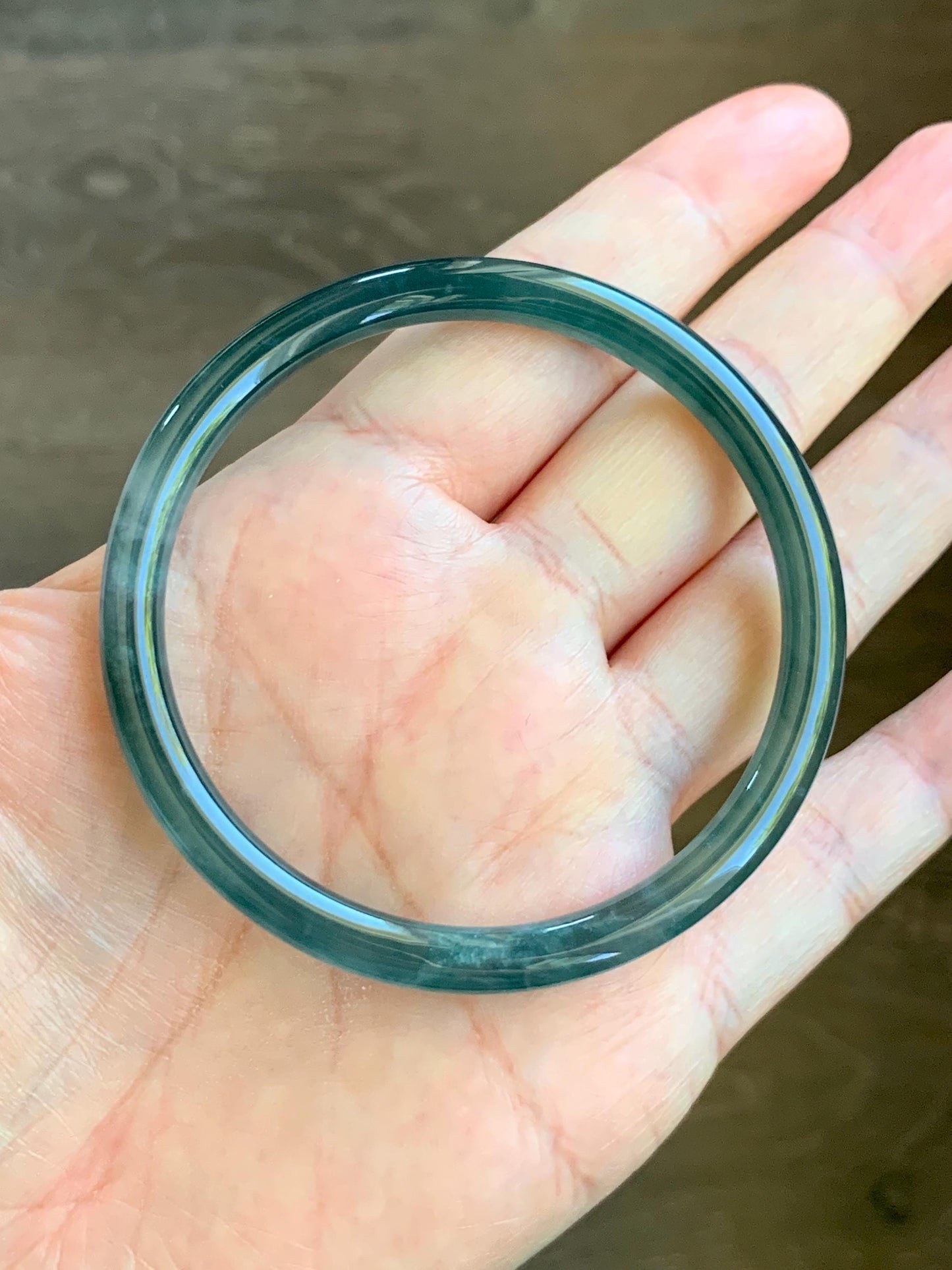 Certified Natural Grade A Guatemalan Icy Highly Translucent Dark Teal Blue Marbled Jade Jadeite Bangle 58.38mm 7.2” 天然冰胶危深蓝飘花翡翠细圆条手镯 8787