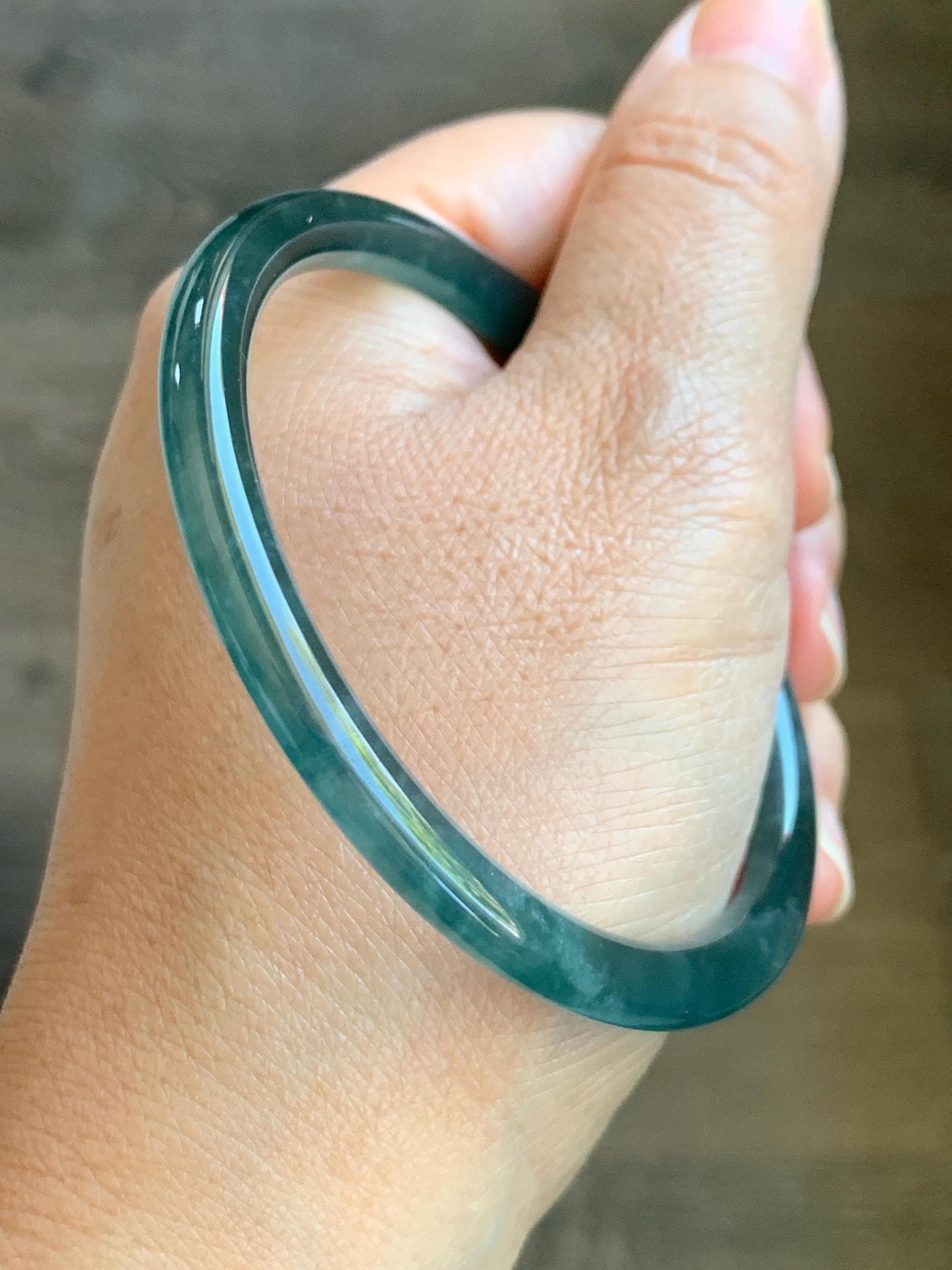 Certified Natural Grade A Guatemalan Icy Highly Translucent Dark Teal Blue Marbled Jade Jadeite Bangle 58.38mm 7.2” 天然冰胶危深蓝飘花翡翠细圆条手镯 8787