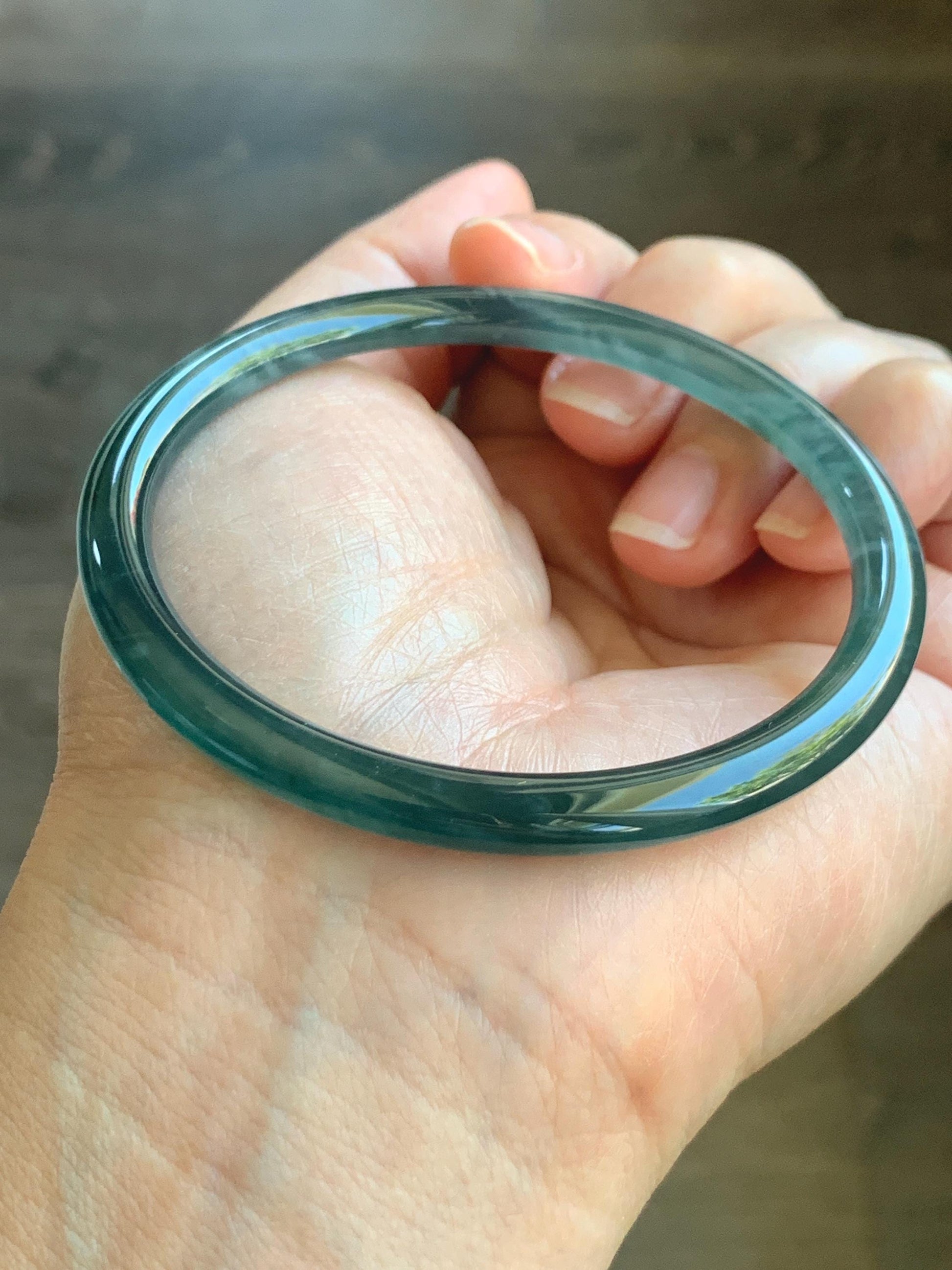 Certified Natural Grade A Guatemalan Icy Highly Translucent Dark Teal Blue Marbled Jade Jadeite Bangle 58.38mm 7.2” 天然冰胶危深蓝飘花翡翠细圆条手镯 8787