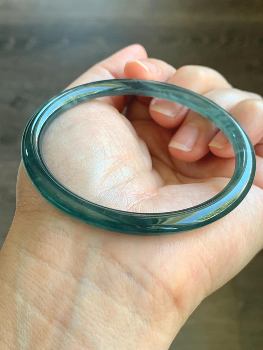 Certified Natural Grade A Guatemalan Icy Highly Translucent Dark Teal Blue Marbled Jade Jadeite Bangle 58.38mm 7.2” 天然冰胶危深蓝飘花翡翠细圆条手镯 8787