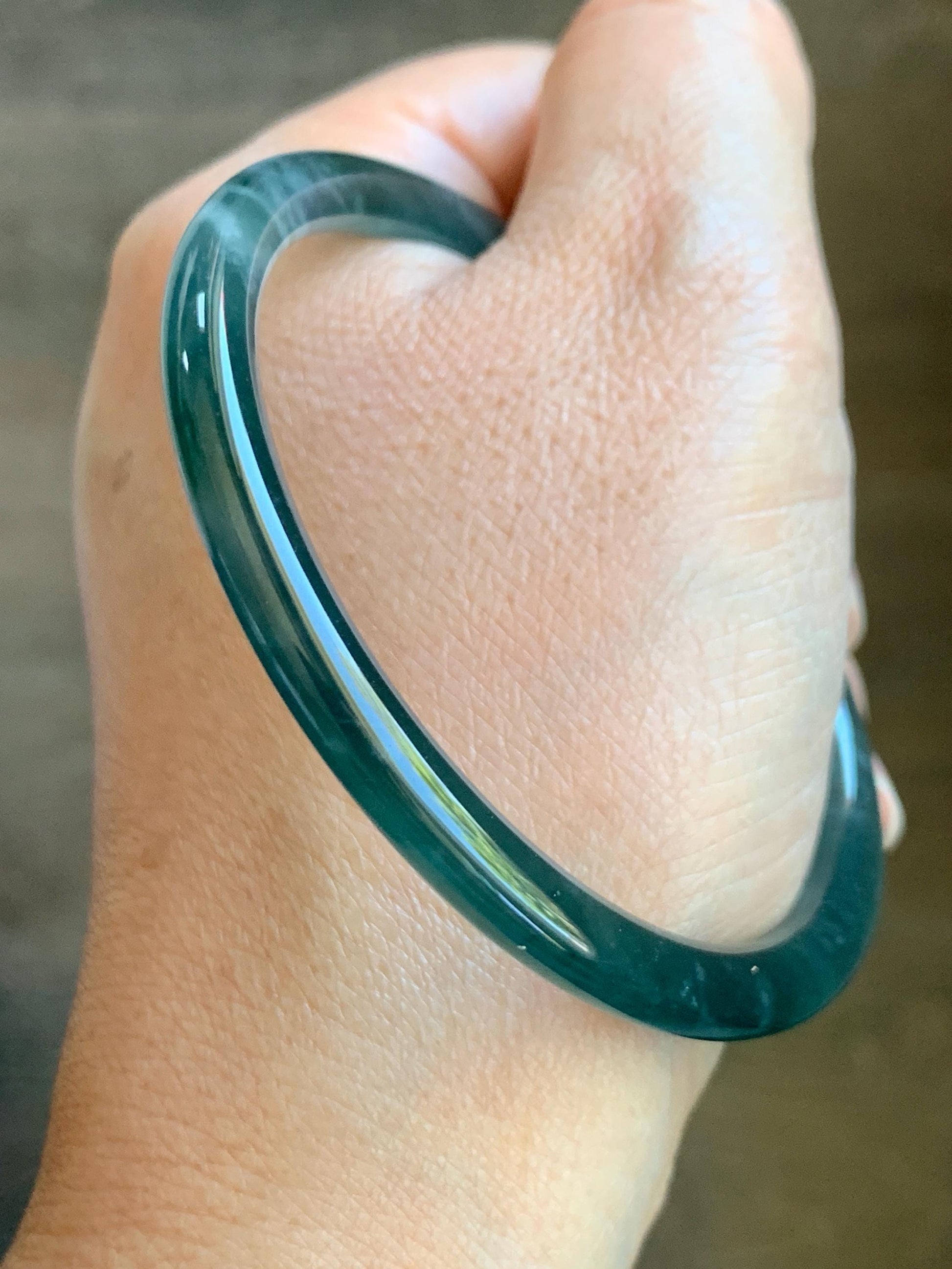 Certified Natural Grade A Guatemalan Icy Highly Translucent Dark Teal Blue Marbled Jade Jadeite Bangle 58.38mm 7.2” 天然冰胶危深蓝飘花翡翠细圆条手镯 8787