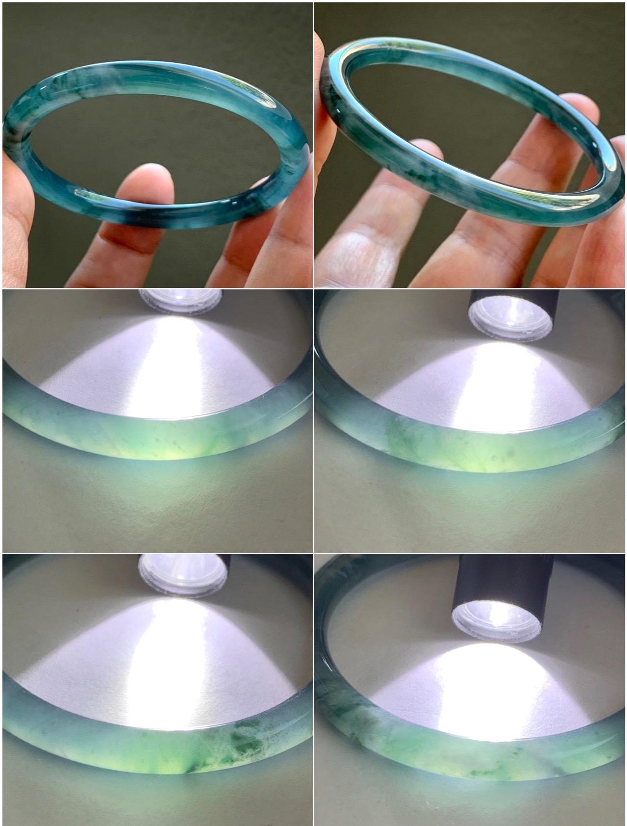 Certified Natural Grade A Guatemalan Icy Highly Translucent Dark Teal Blue Marbled Jade Jadeite Bangle 54.63mm 6.75” 天然冰胶危深蓝飘花翡翠细圆条手镯 8786