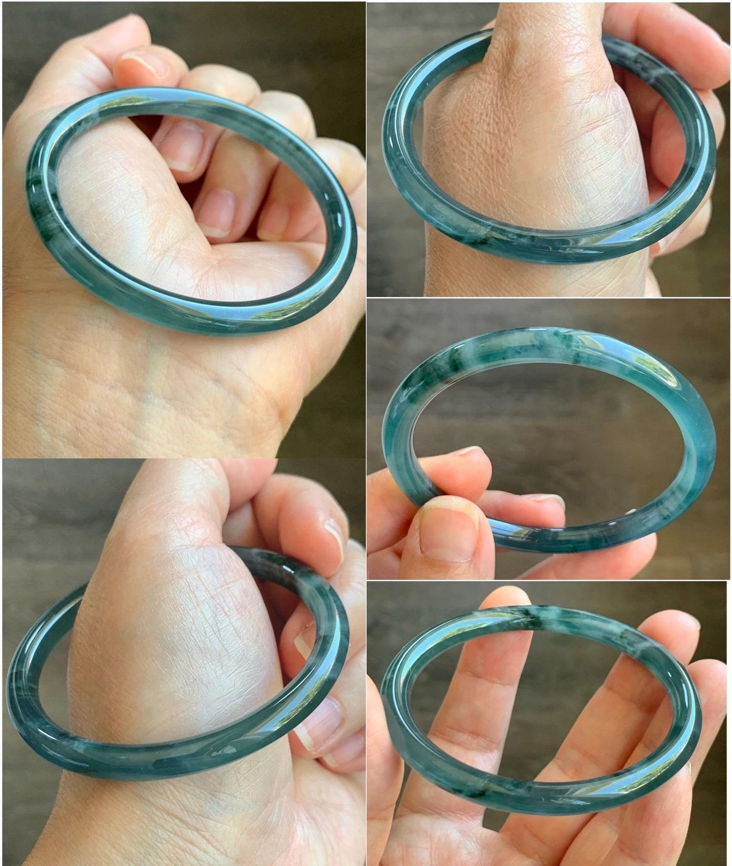 Certified Natural Grade A Guatemalan Icy Highly Translucent Dark Teal Blue Marbled Jade Jadeite Bangle 54.63mm 6.75” 天然冰胶危深蓝飘花翡翠细圆条手镯 8786