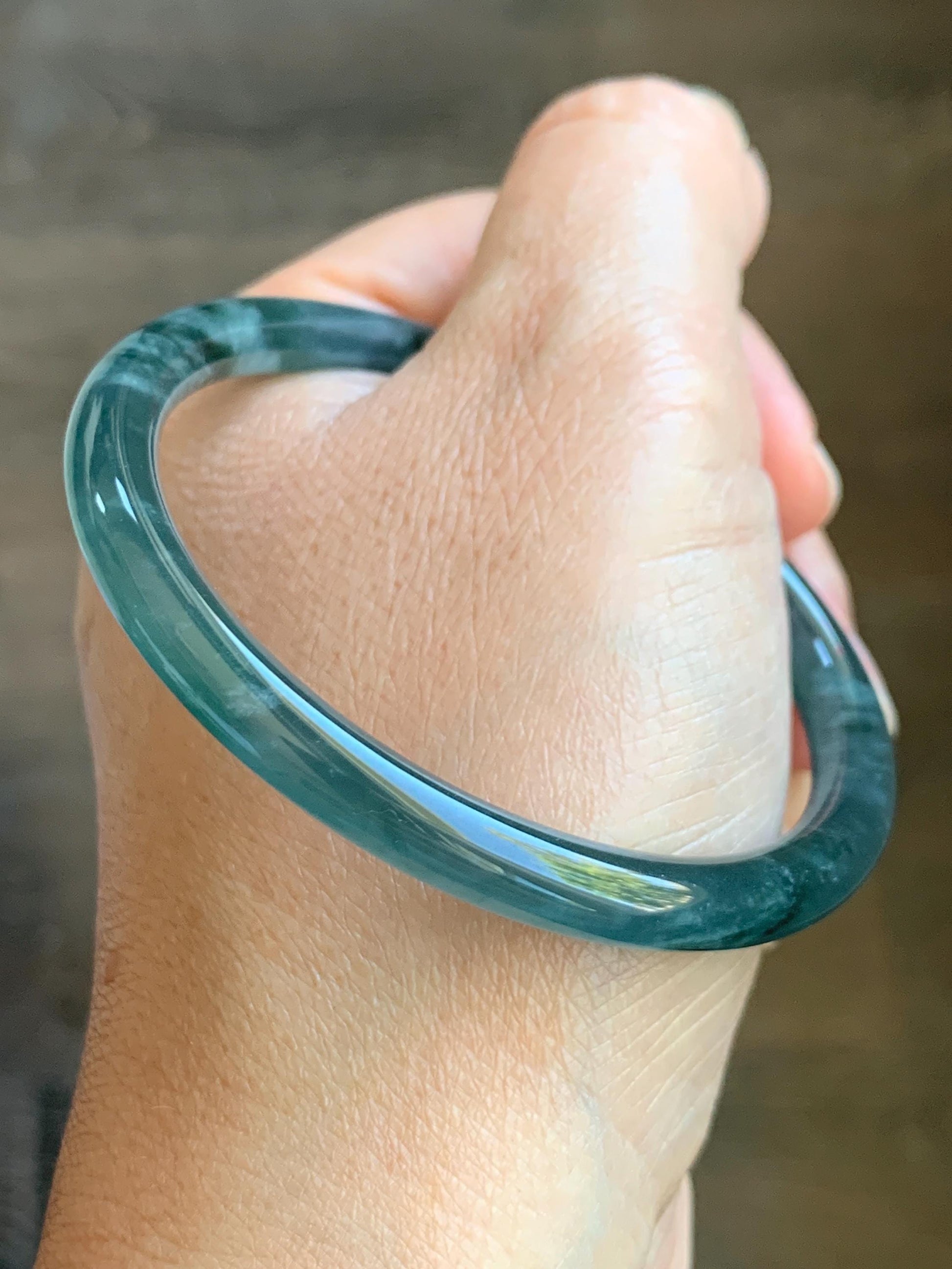 Certified Natural Grade A Guatemalan Icy Highly Translucent Dark Teal Blue Marbled Jade Jadeite Bangle 54.63mm 6.75” 天然冰胶危深蓝飘花翡翠细圆条手镯 8786