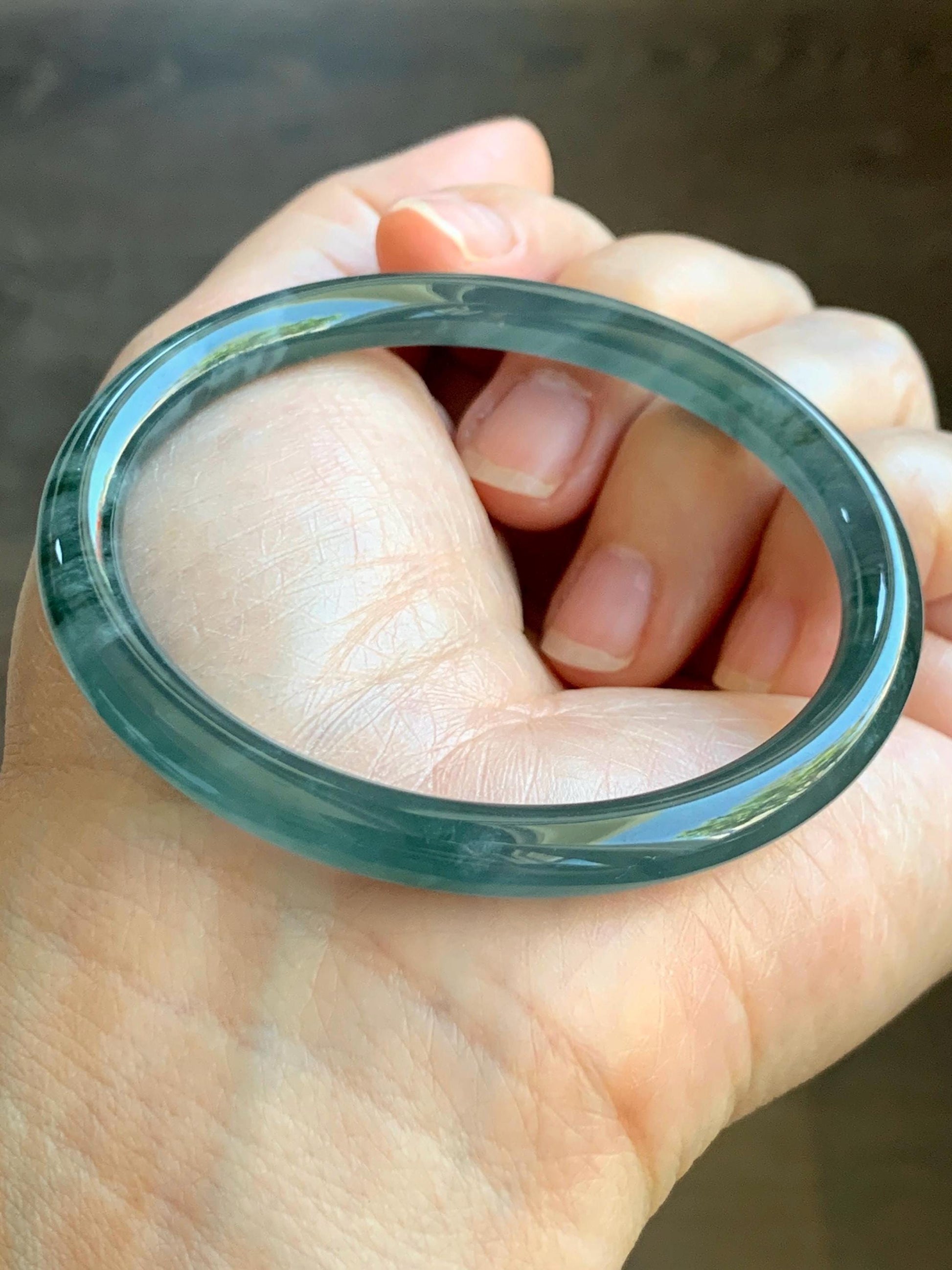 Certified Natural Grade A Guatemalan Icy Highly Translucent Dark Teal Blue Marbled Jade Jadeite Bangle 54.63mm 6.75” 天然冰胶危深蓝飘花翡翠细圆条手镯 8786