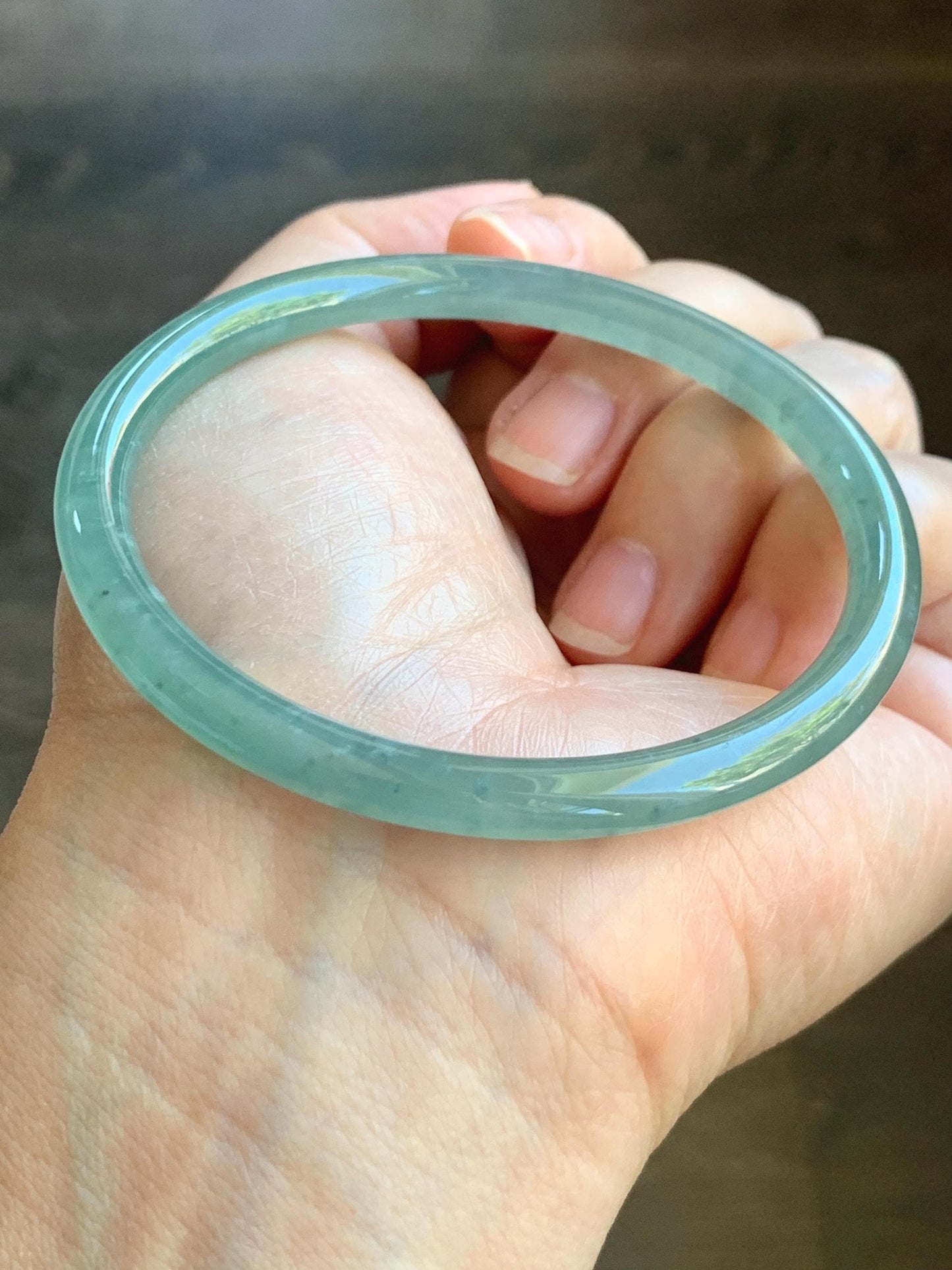 Certified Natural Grade A Guatemalan Icy Highly Translucent Light Green Jade Jadeite Slim Bangle 59.7mm 7.38” 19.94g 天然冰胶危晴绿翡翠细圆条手镯 8818