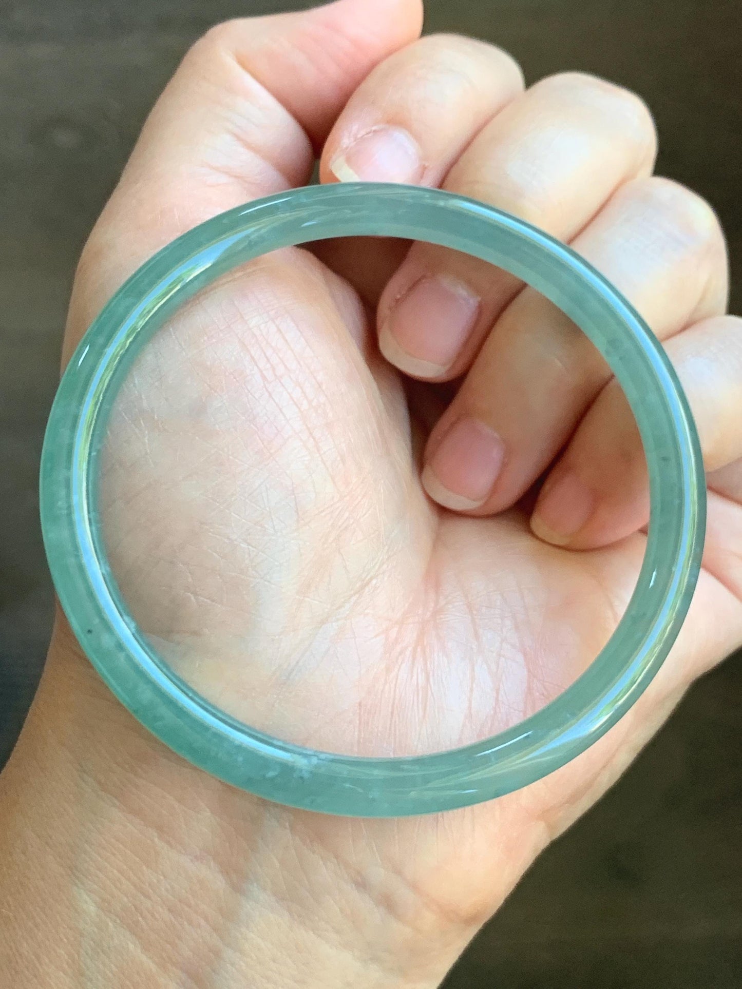 Certified Natural Grade A Guatemalan Icy Highly Translucent Light Green Jade Jadeite Slim Bangle 59.7mm 7.38” 19.94g 天然冰胶危晴绿翡翠细圆条手镯 8818