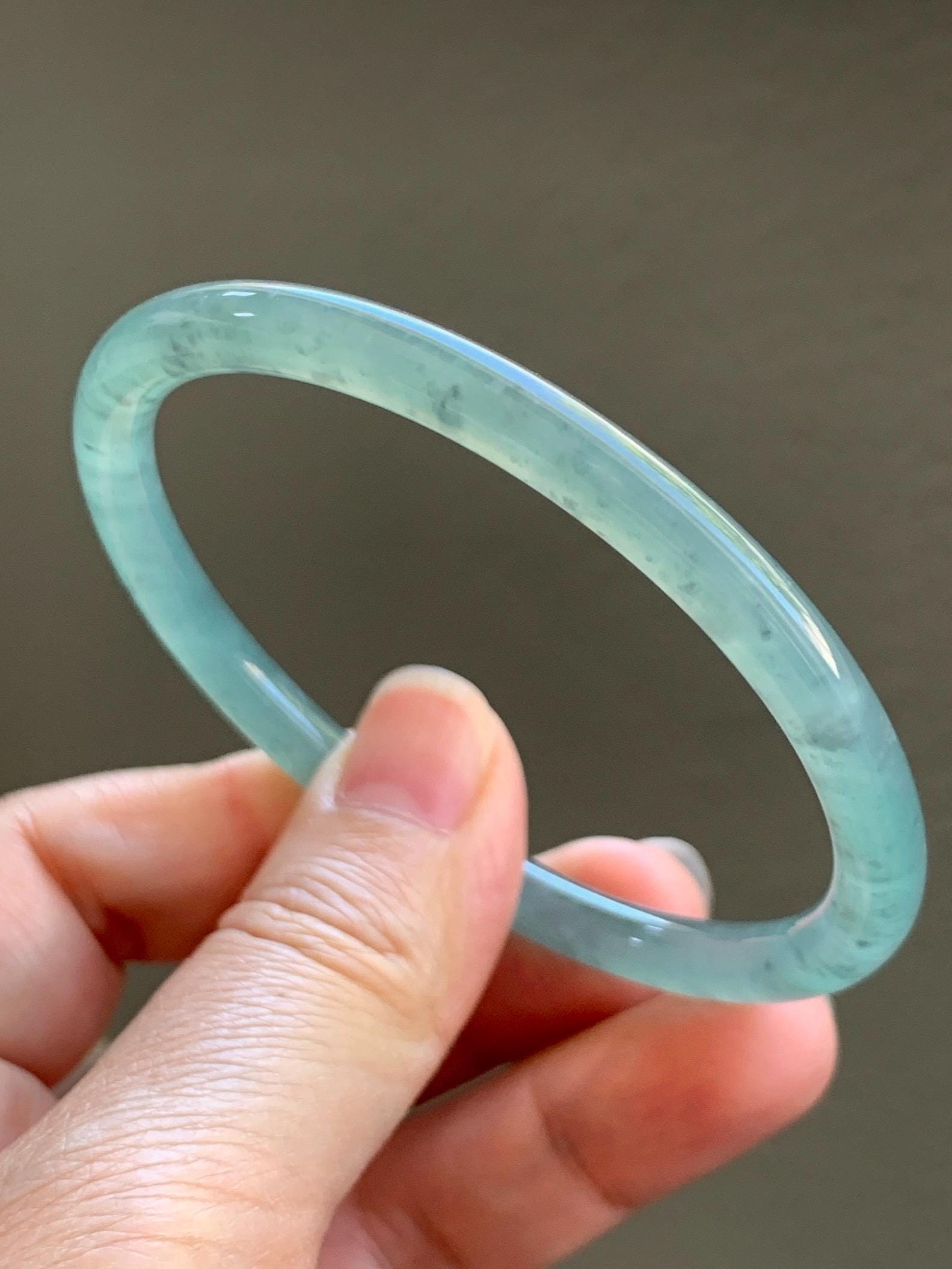Certified Natural Grade A Guatemalan Icy Highly Translucent Light Green Jade Jadeite Slim Bangle 59.7mm 7.38” 19.94g 天然冰胶危晴绿翡翠细圆条手镯 8818
