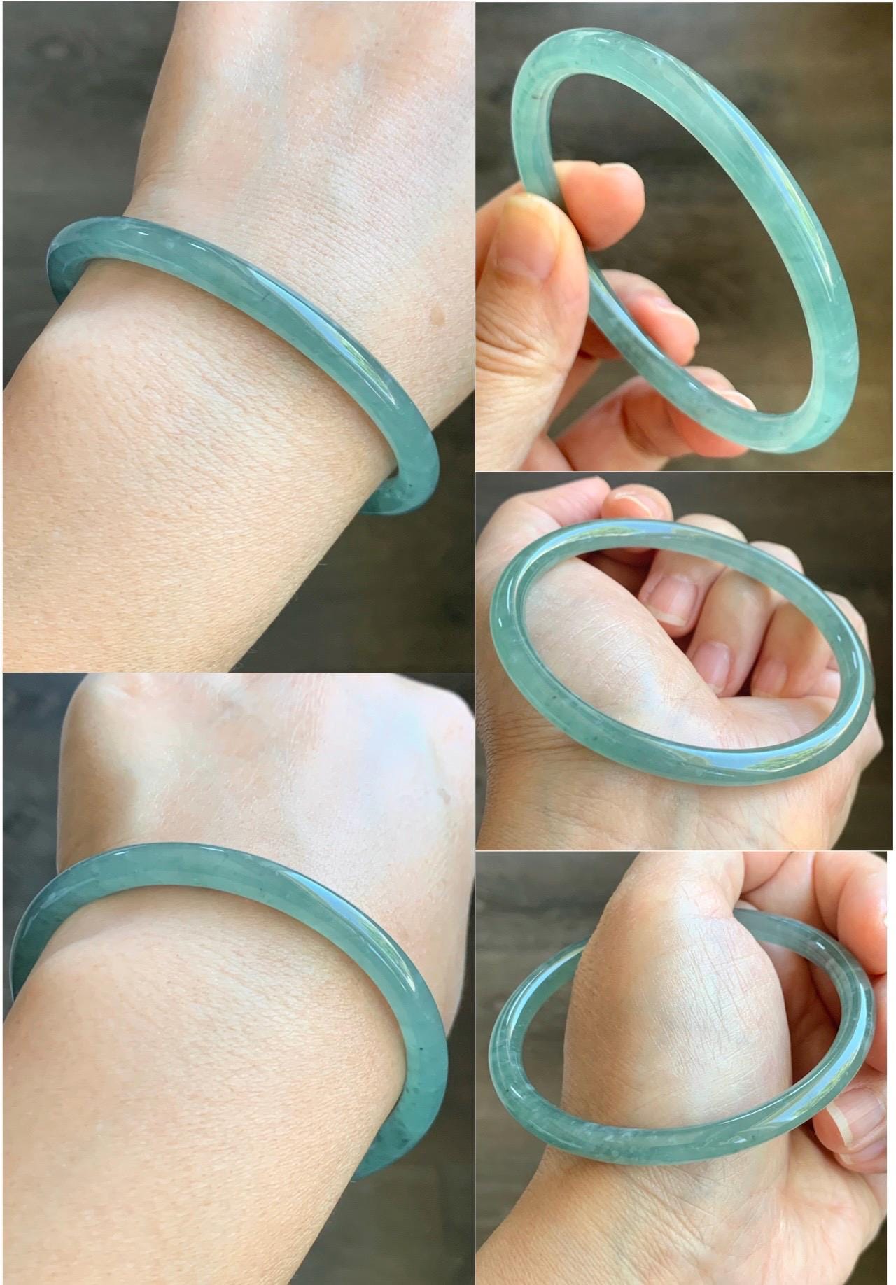 Certified Natural Grade A Guatemalan Icy Highly Translucent Light Green Jade Jadeite Slim Bangle 59.7mm 7.38” 19.94g 天然冰胶危晴绿翡翠细圆条手镯 8818
