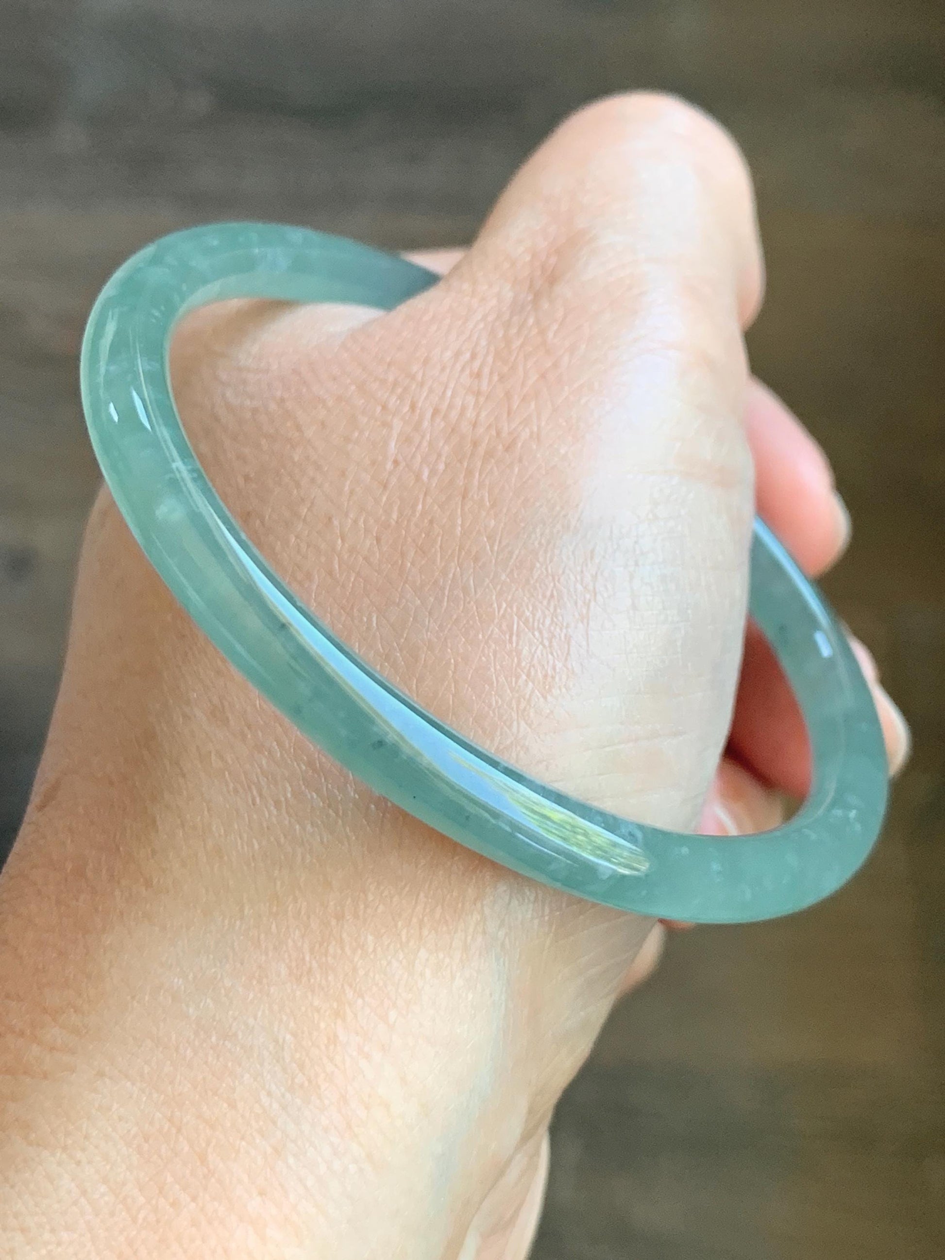 Certified Natural Grade A Guatemalan Icy Highly Translucent Light Green Jade Jadeite Slim Bangle 59.7mm 7.38” 19.94g 天然冰胶危晴绿翡翠细圆条手镯 8818