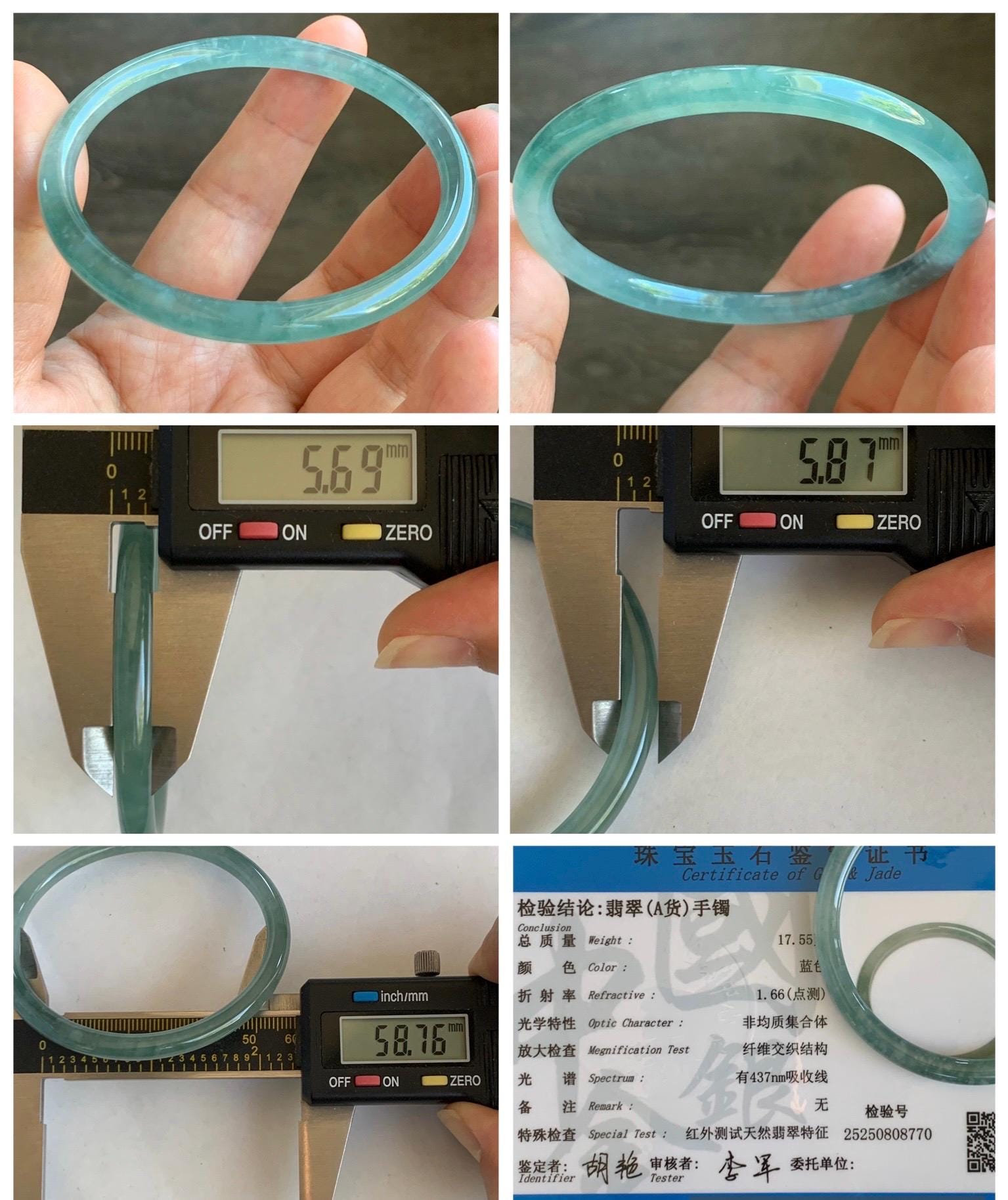Certified Natural Grade A Guatemalan Icy Highly Translucent Light Green Jade Jadeite Slim Bangle 58.76mm 7.26” 17.55g 天然冰胶危晴绿翡翠圆条手镯 8770